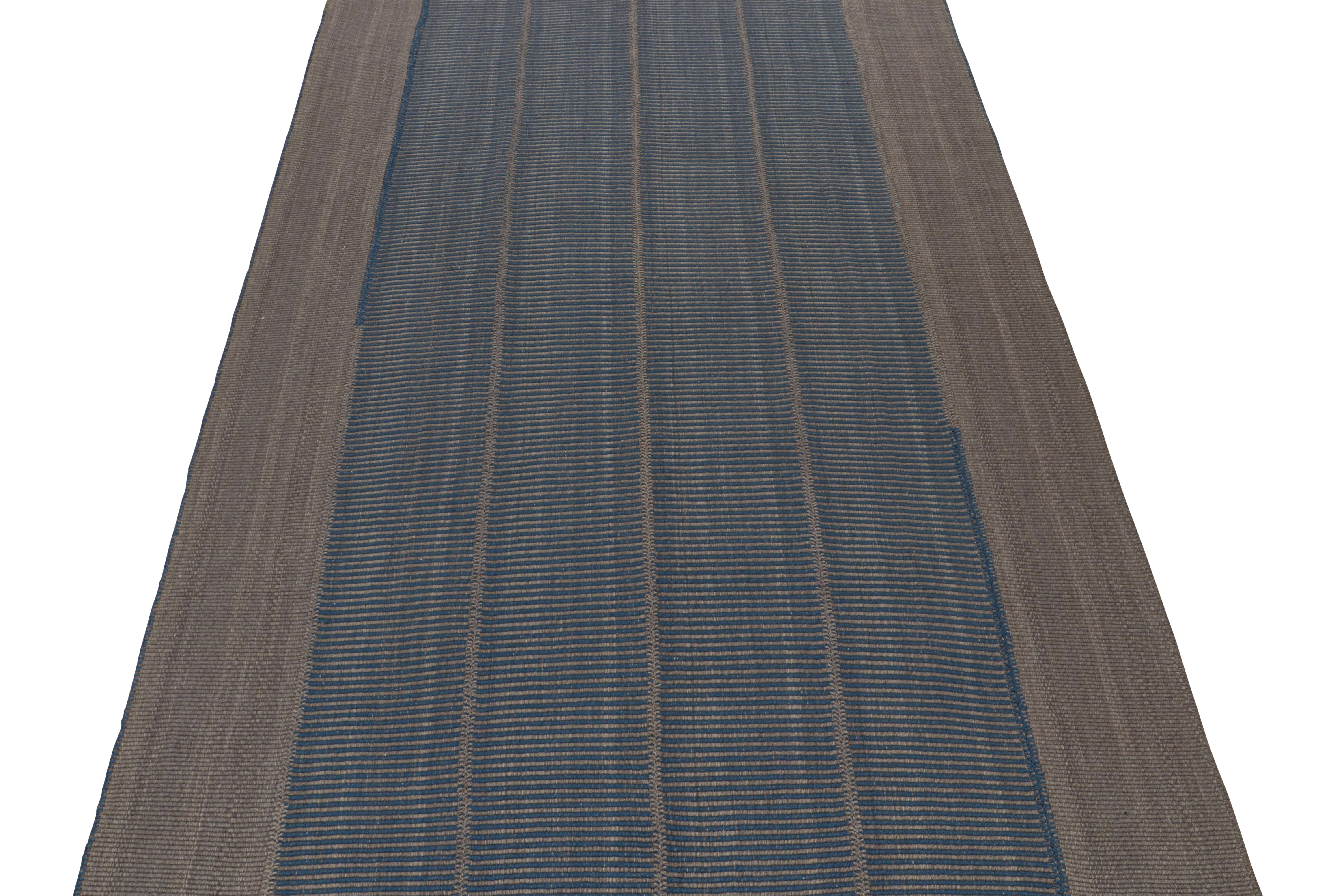Hand-Woven Rug & Kilim’s Contemporary Kilim in Blue and Gray with Stripes & Brown Accents For Sale