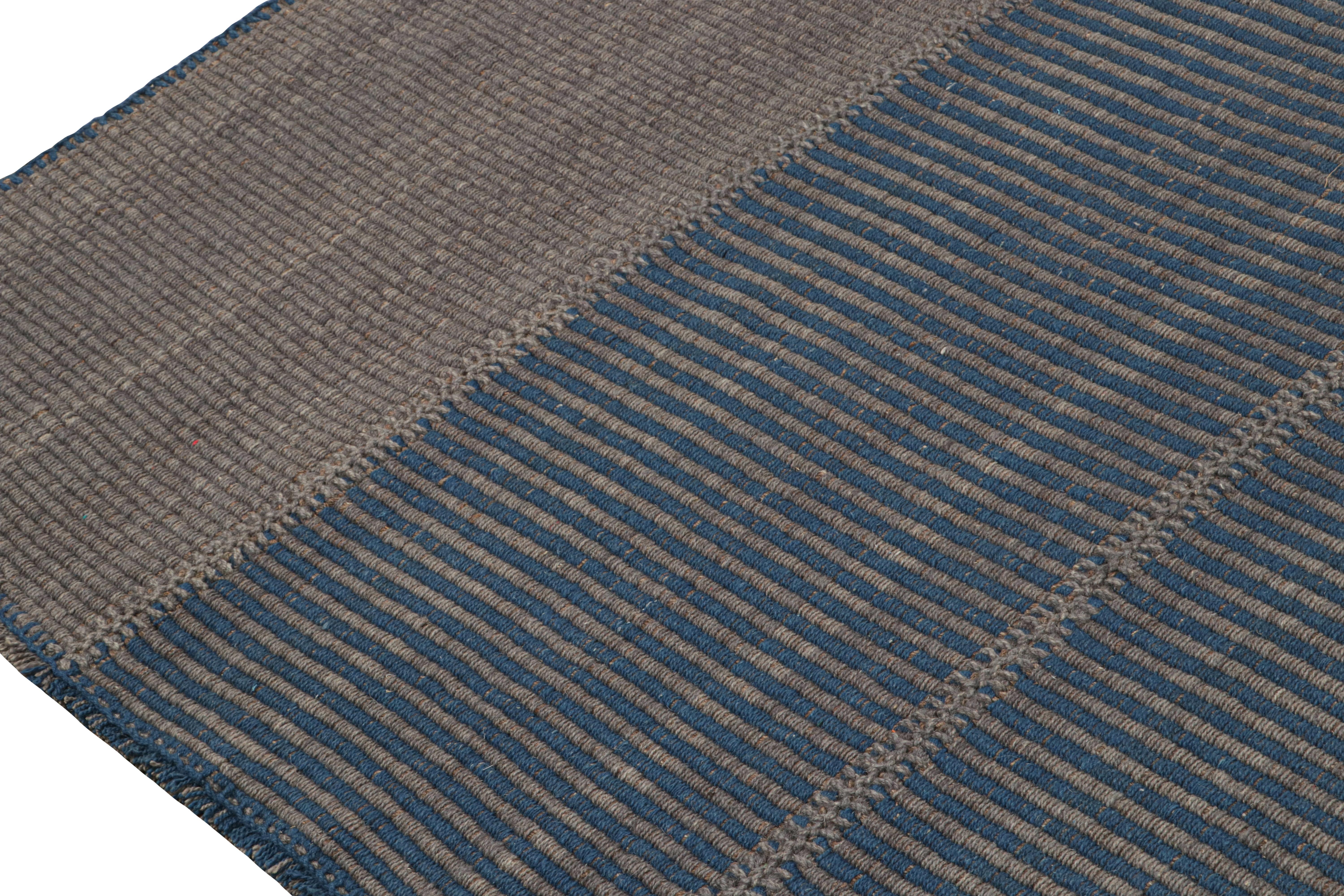 Rug & Kilim’s Contemporary Kilim in Blue and Gray with Stripes & Brown Accents Neuf - En vente à Long Island City, NY