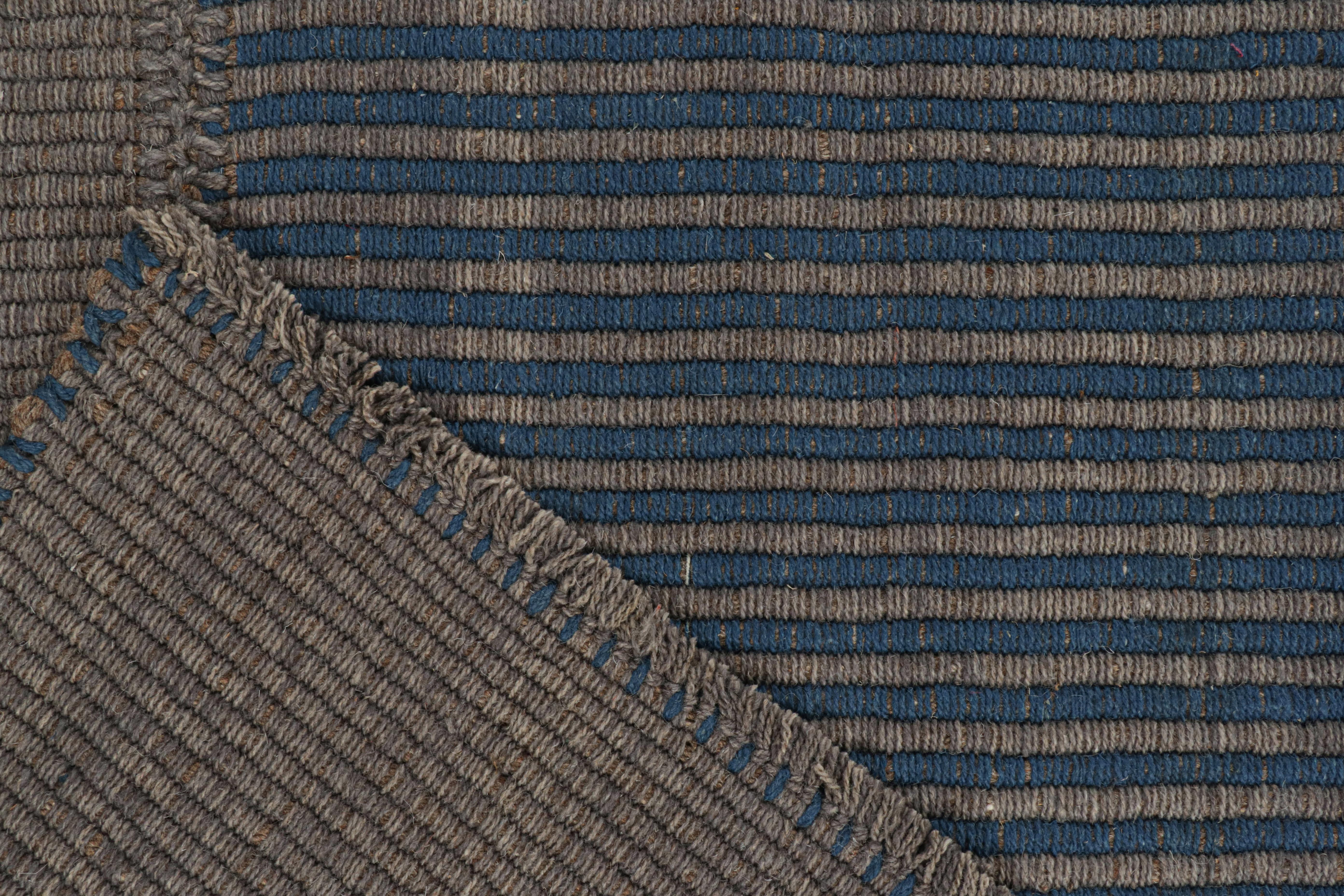 Wool Rug & Kilim’s Contemporary Kilim in Blue and Gray with Stripes & Brown Accents For Sale