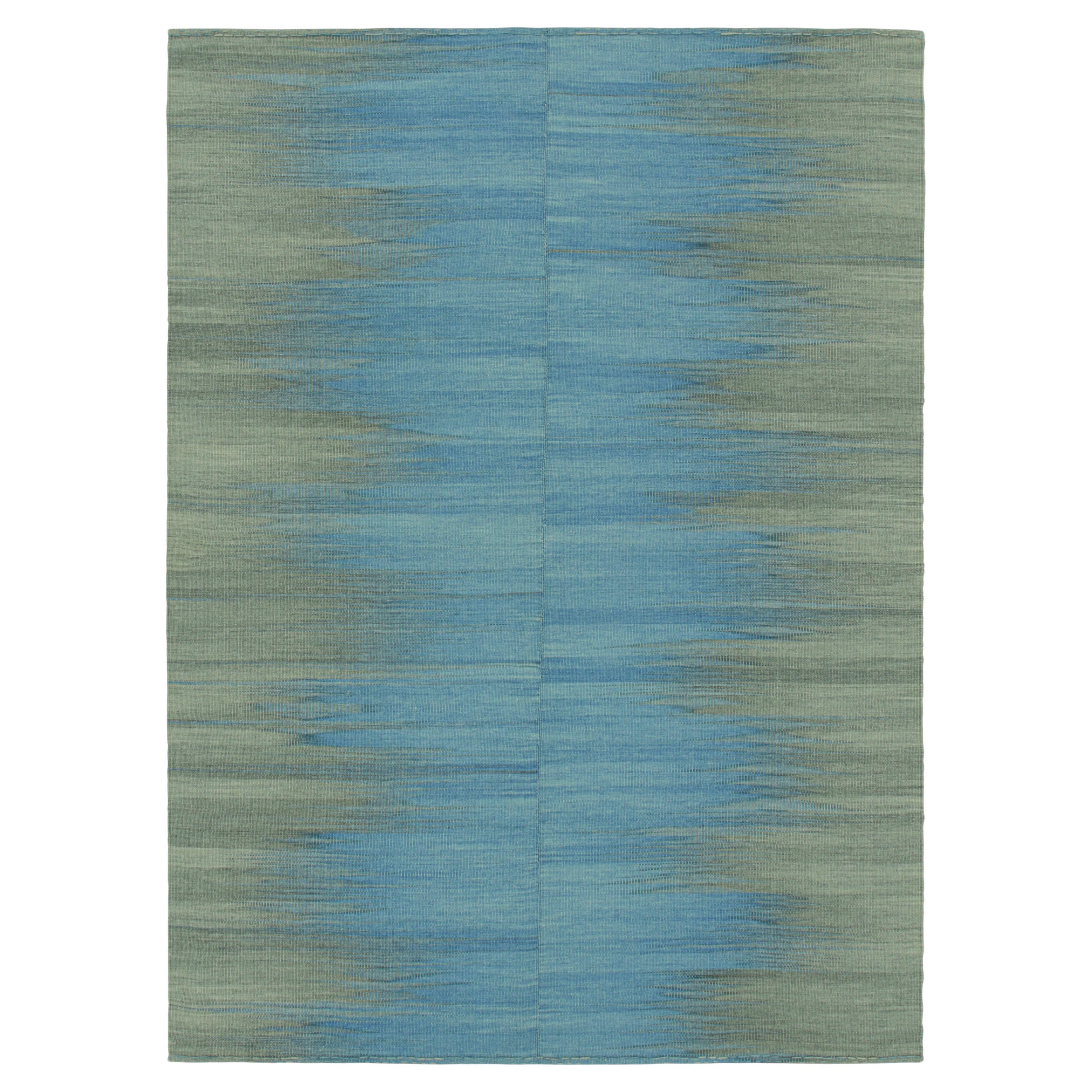 Rug & Kilim’s Contemporary Kilim in Blue and Green Stripes and Geometric Pattern