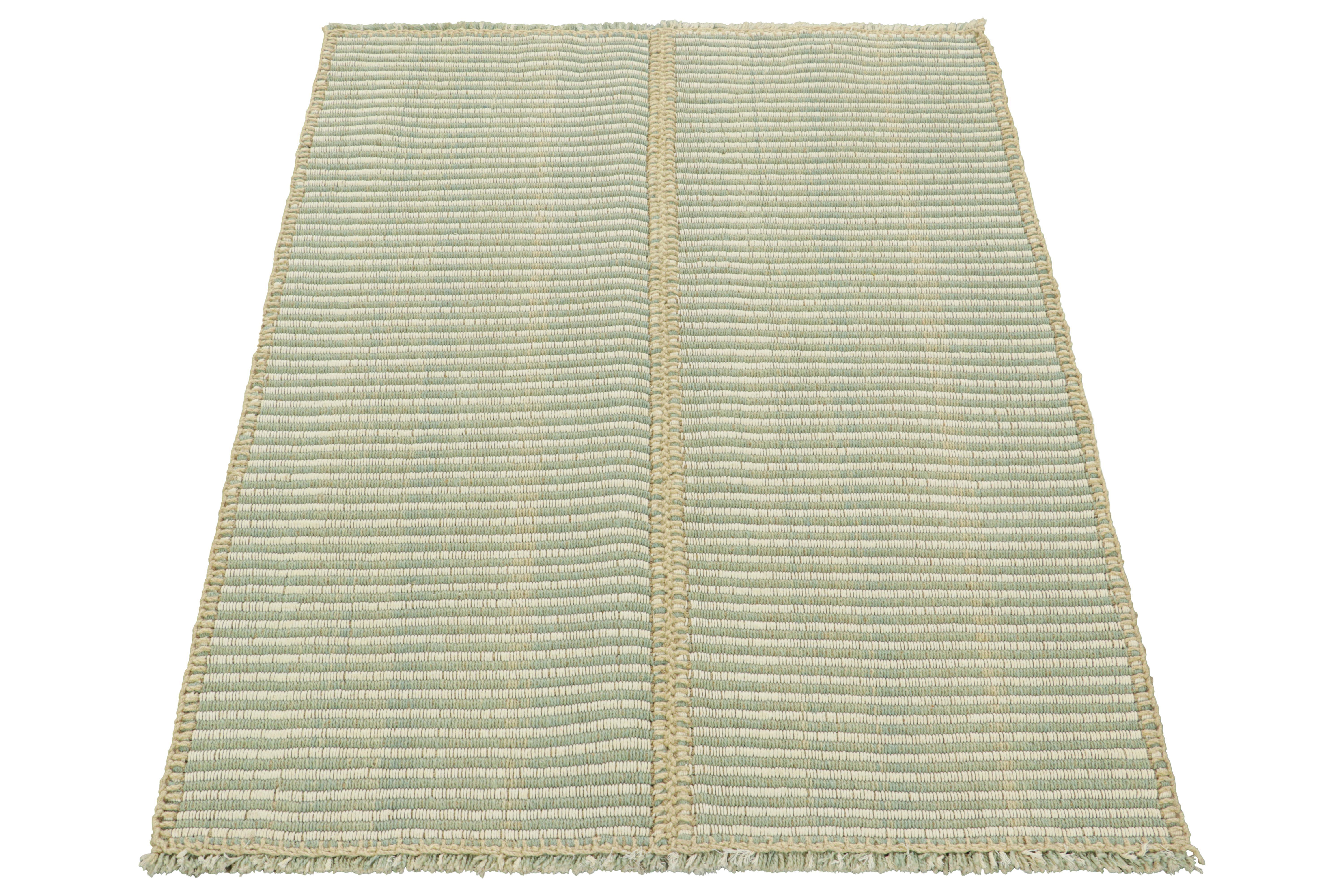 Afghan Rug & Kilim's Contemporary Kilim in Blue and Ivory White Textural Stripes (Kilim contemporain à rayures texturées bleu et blanc ivoire) en vente