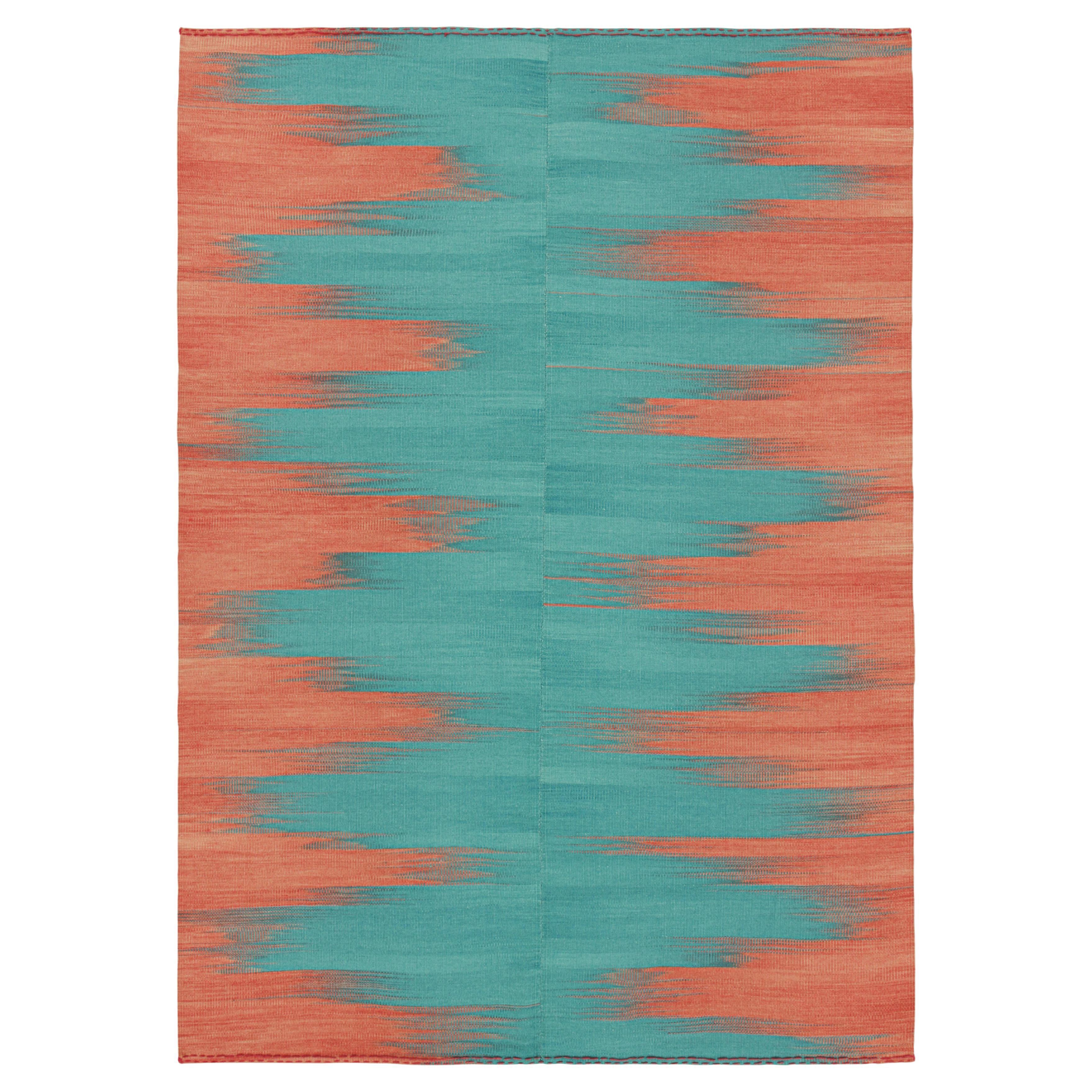 Rug & Kilim’s Contemporary Kilim in Blue and Red Stripes and Geometric Patterns
