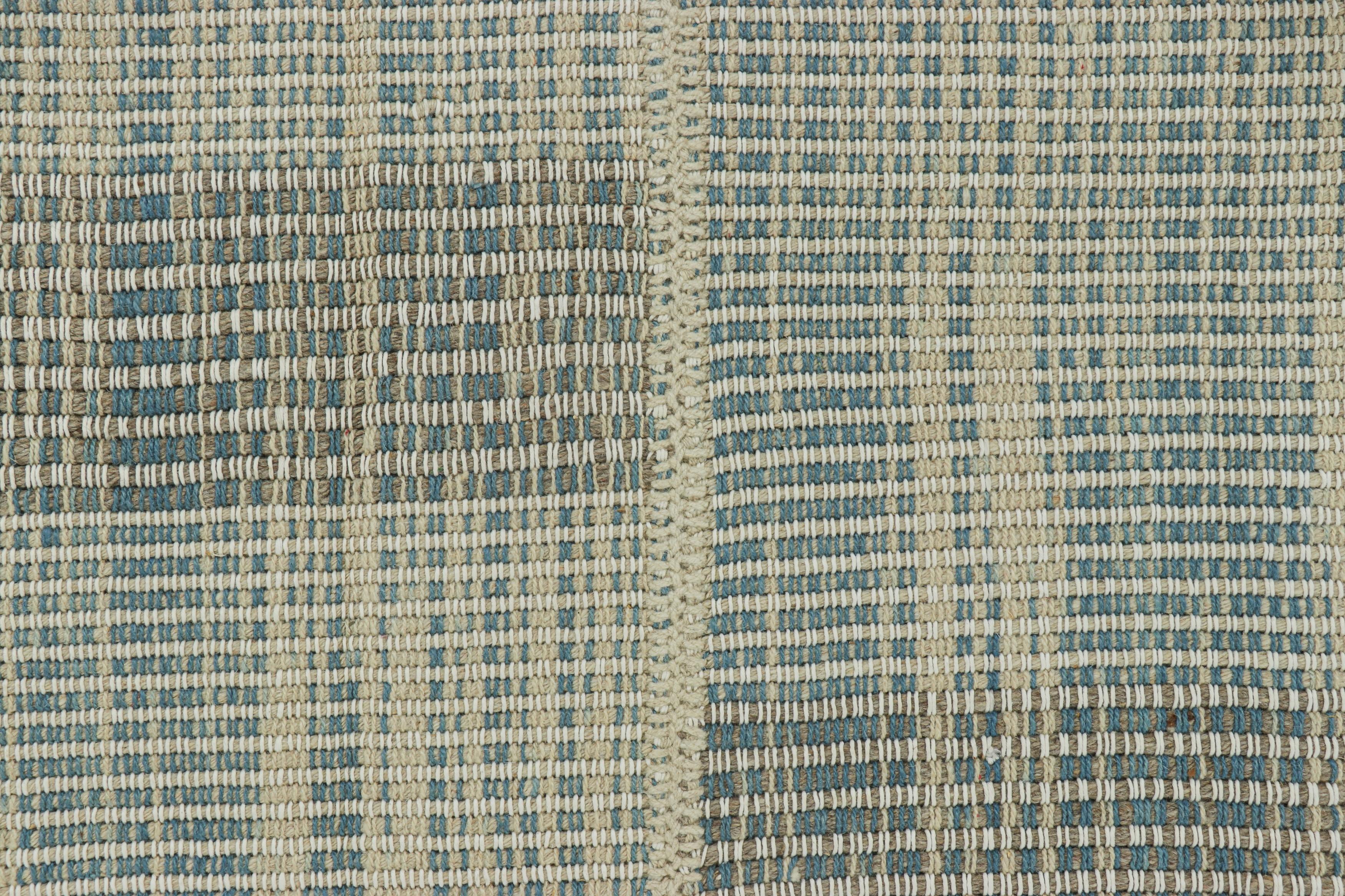 Afghan Rug & Kilim’s Contemporary Kilim in Blue and White Textural Stripes For Sale