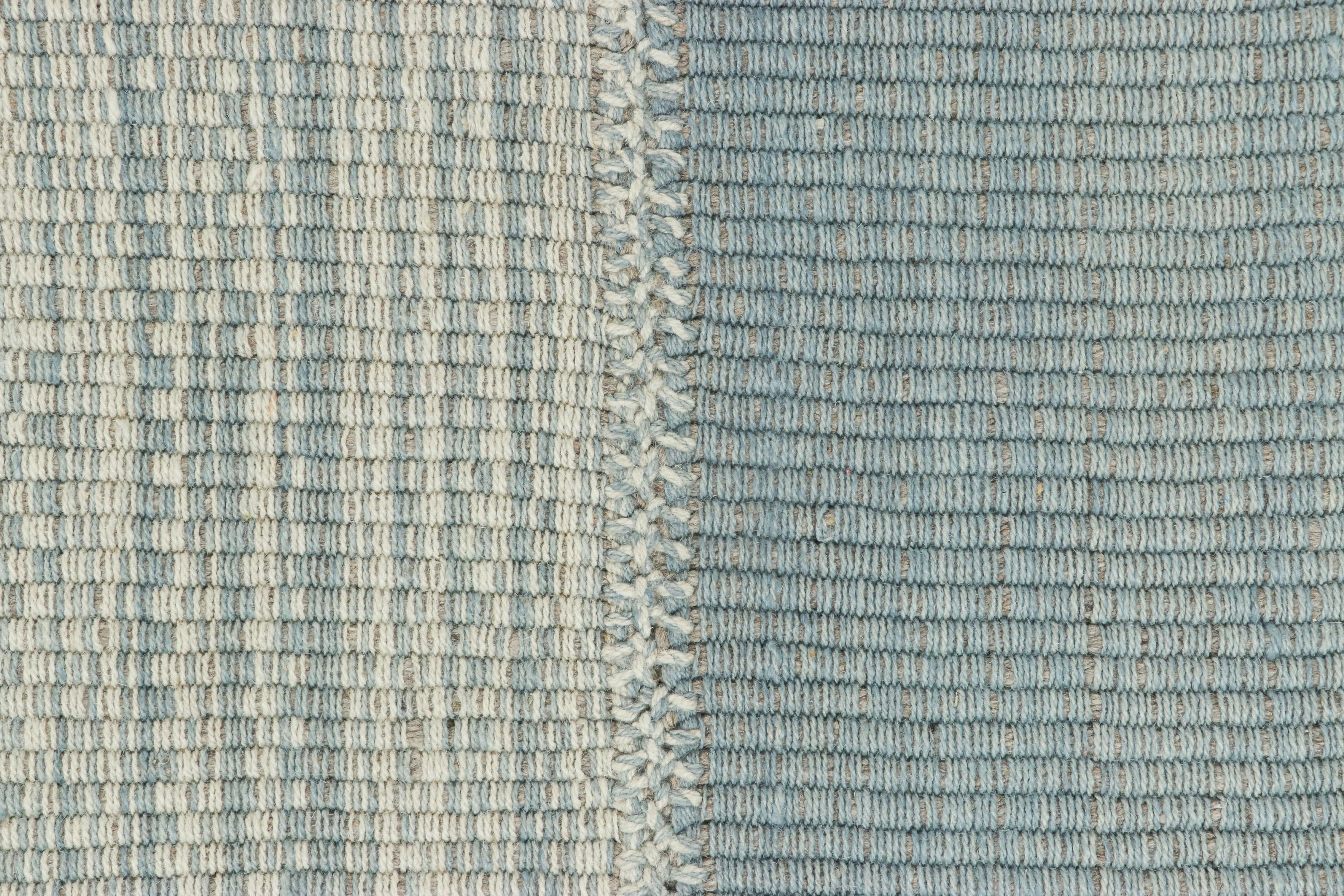 Afghan Rug & Kilim’s Contemporary Kilim in Blue Textural Stripes, White and Gray Accent For Sale