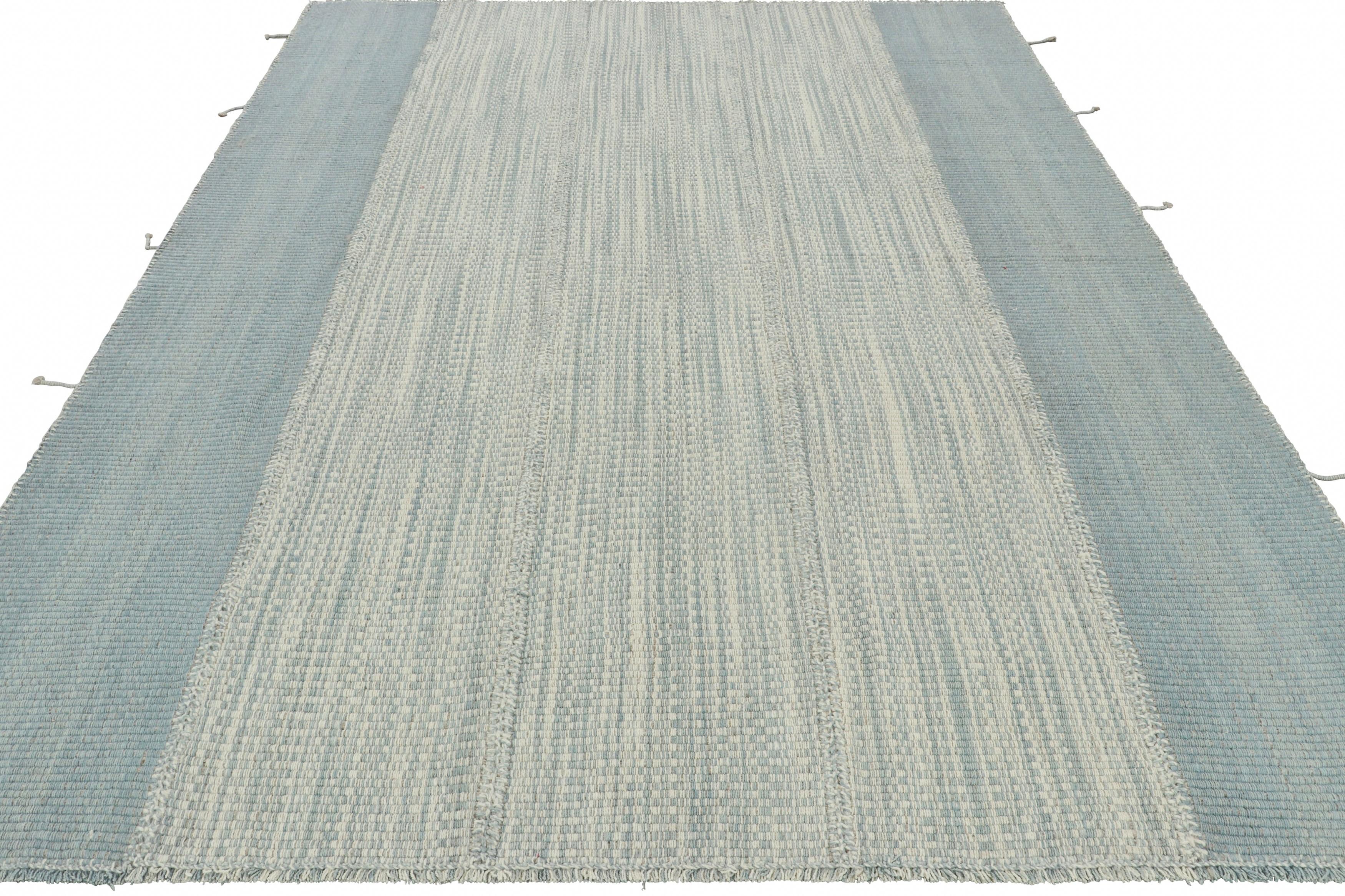 Rug & Kilim’s Contemporary Kilim in Blue Textural Stripes, White and Gray Accent In New Condition For Sale In Long Island City, NY