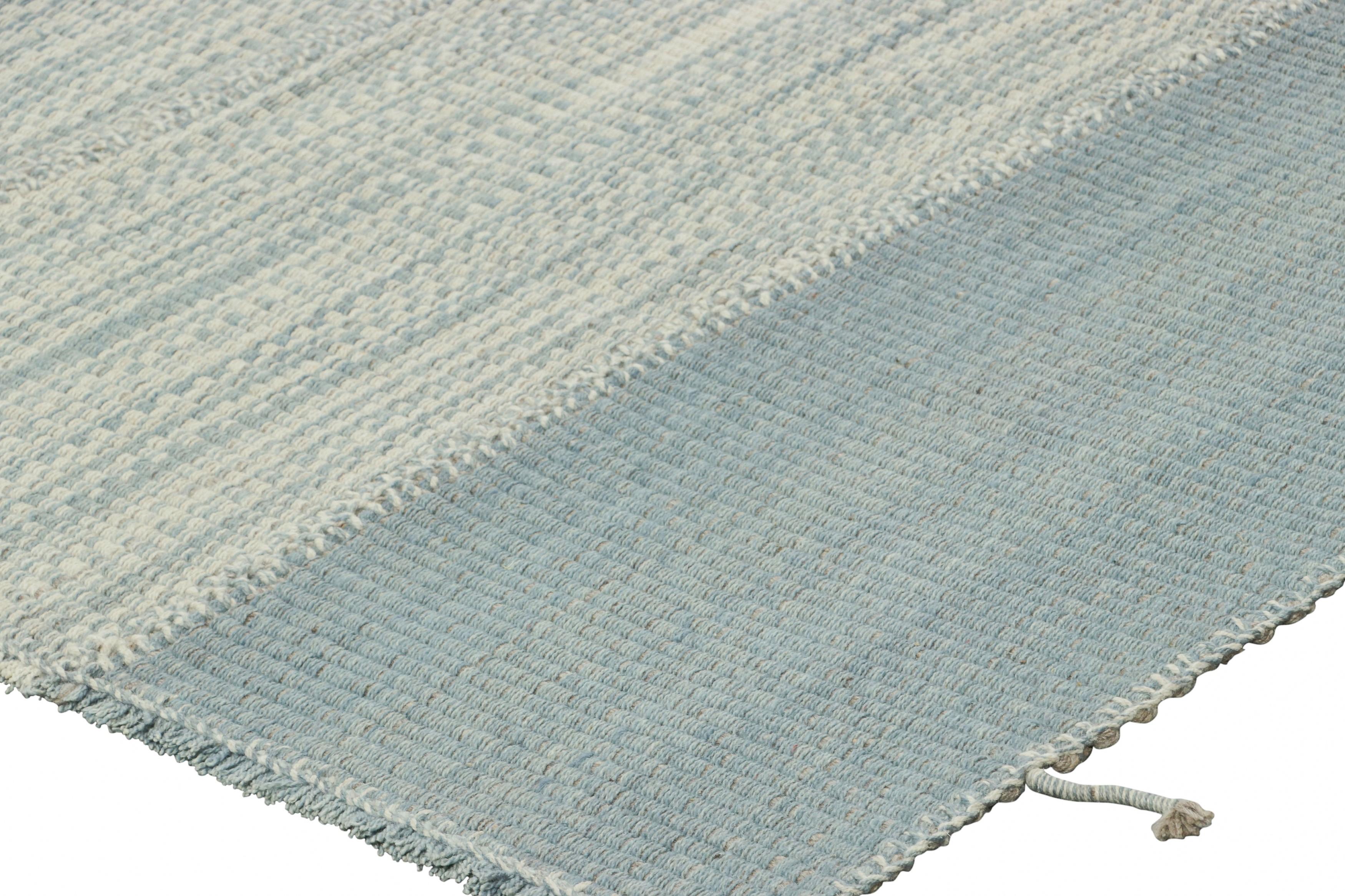Wool Rug & Kilim’s Contemporary Kilim in Blue Textural Stripes, White and Gray Accent For Sale