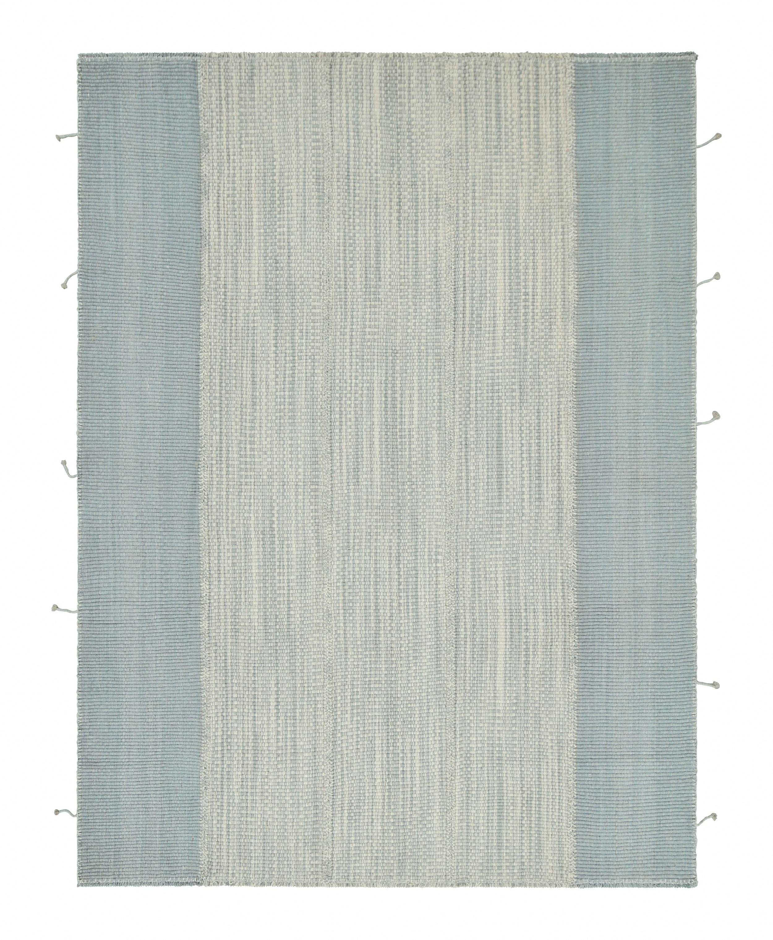 Rug & Kilim’s Contemporary Kilim in Blue Textural Stripes, White and Gray Accent