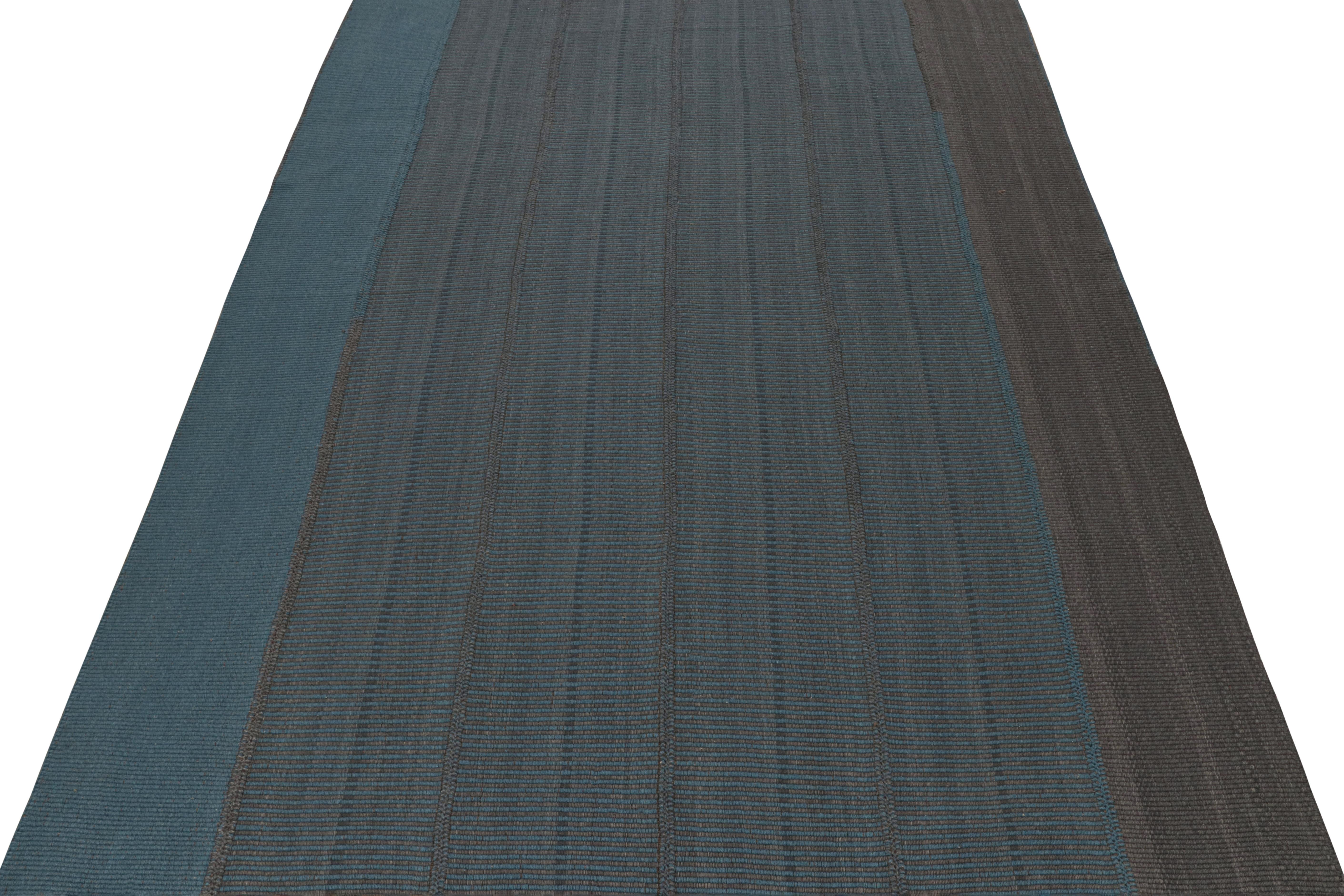 Hand-Woven Rug & Kilim’s Contemporary Kilim in Blue with Gray Stripes and Brown Accents For Sale