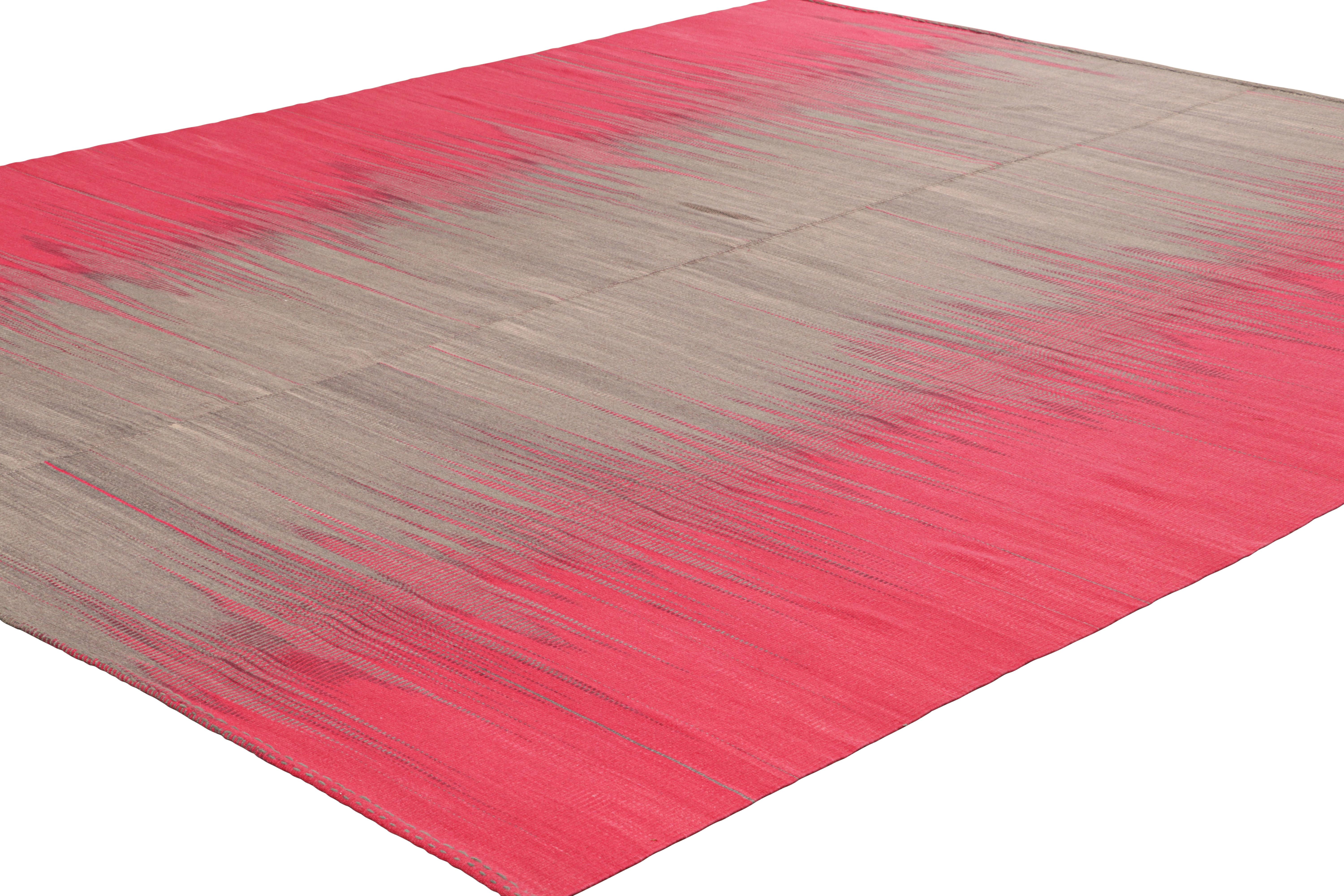 Turkish Rug & Kilim’s Contemporary Kilim in Brown & Pink Stripes & Geometric Patterns For Sale