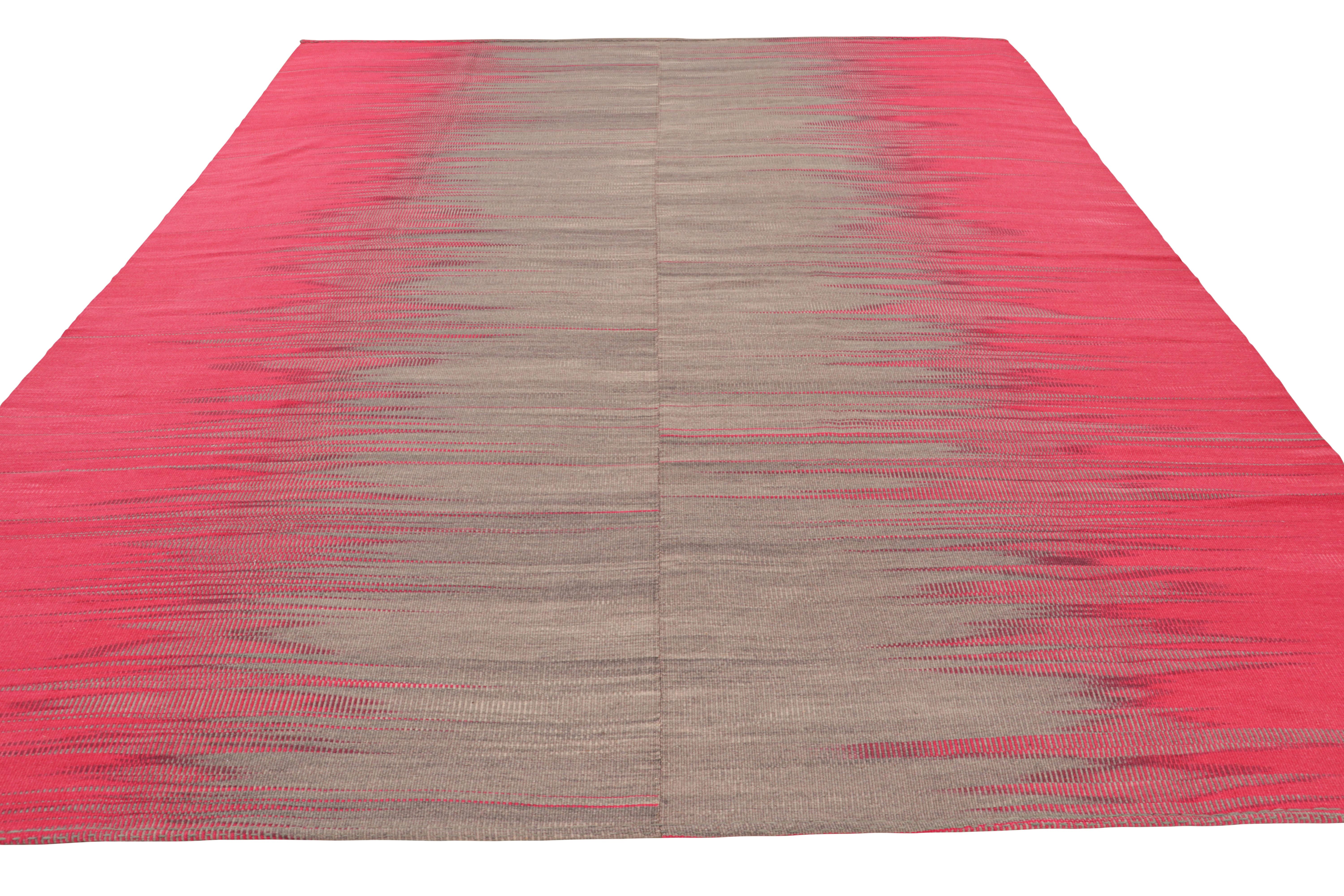 Hand-Woven Rug & Kilim’s Contemporary Kilim in Brown & Pink Stripes & Geometric Patterns For Sale