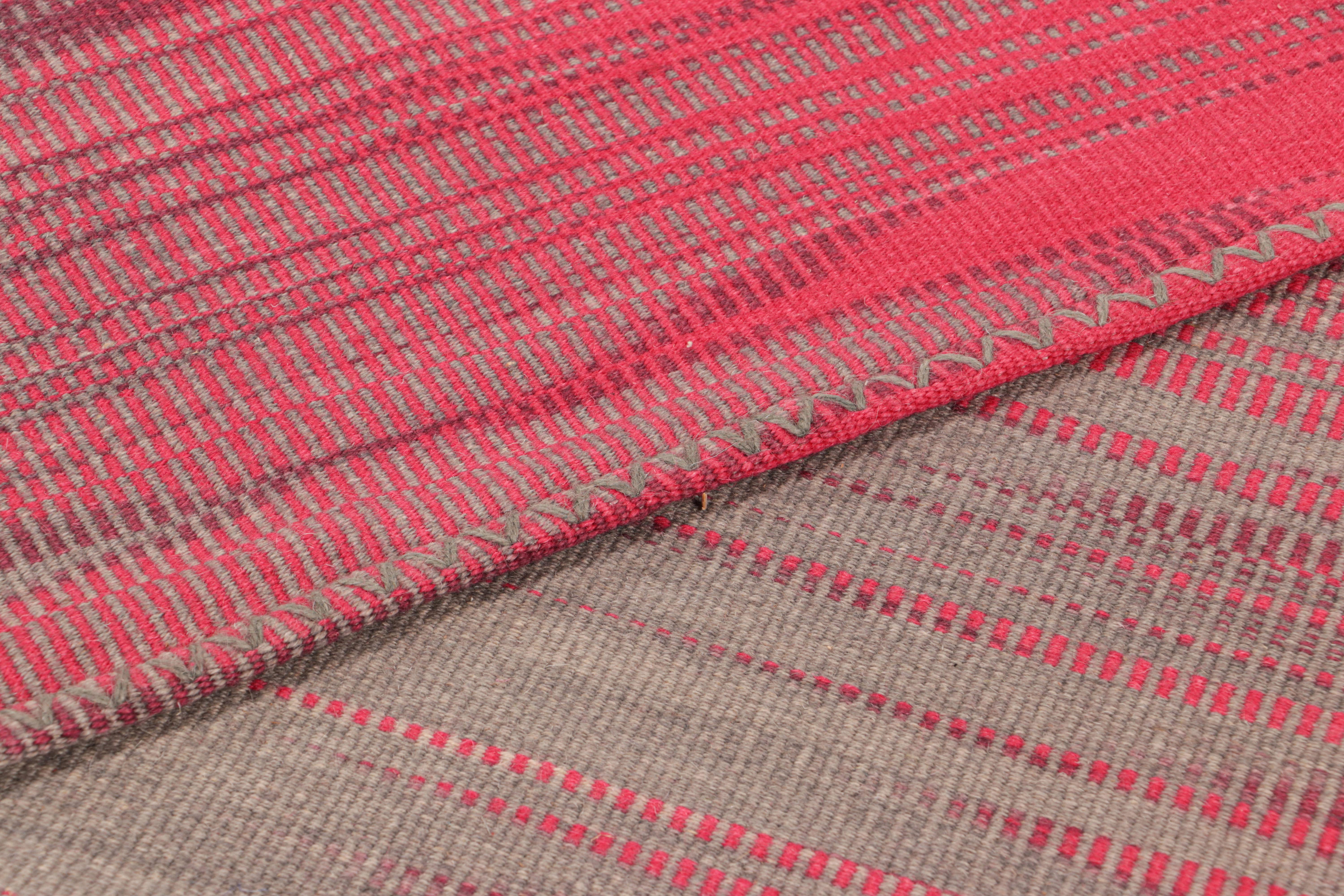 Wool Rug & Kilim’s Contemporary Kilim in Brown & Pink Stripes & Geometric Patterns For Sale
