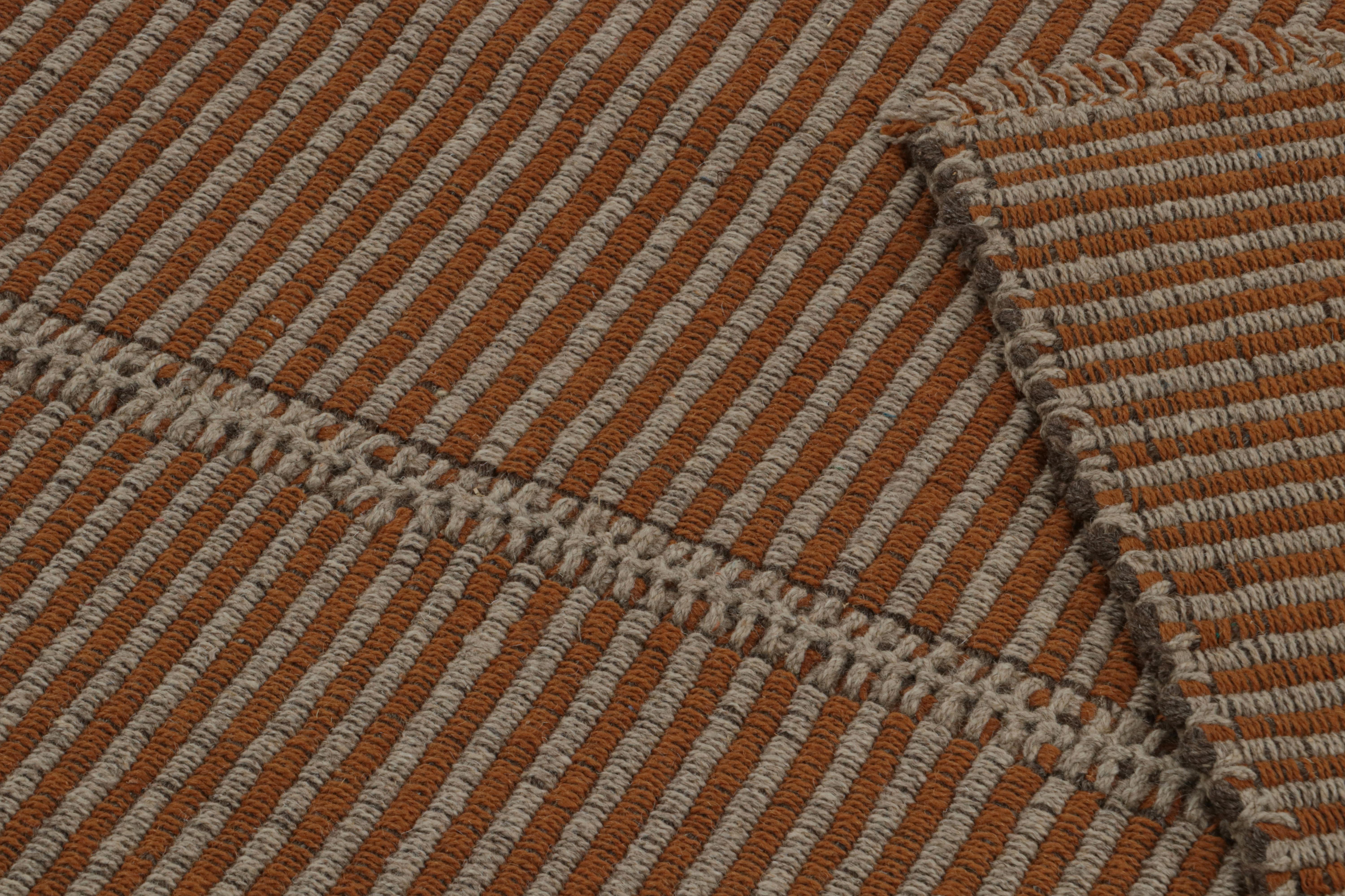 Wool Rug & Kilim’s Contemporary Kilim with Rust Tone Orange and Beige Stripes For Sale