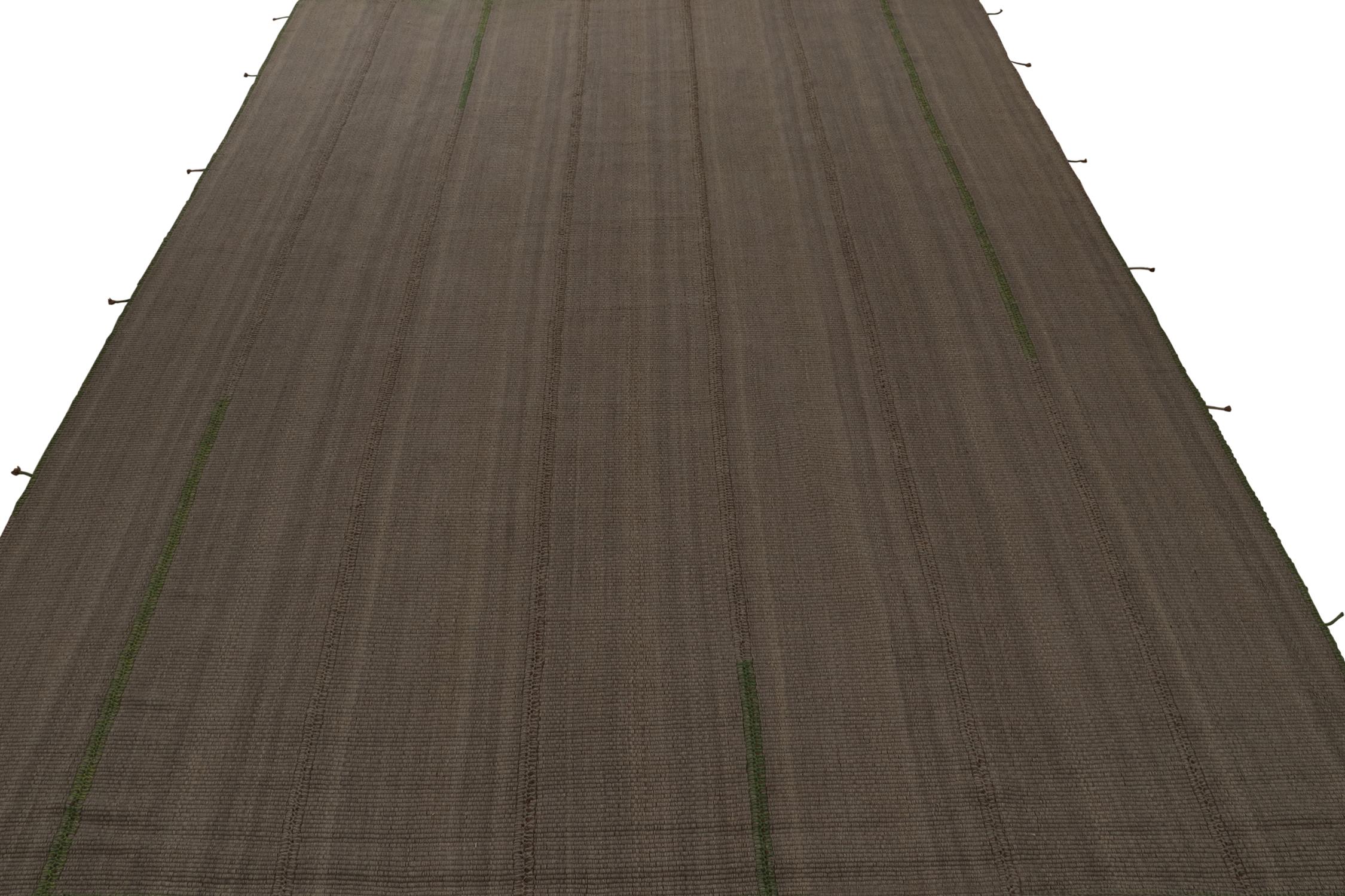 Modern Rug & Kilim’s Contemporary Kilim in Brown with Green Accents, Muted Stripes For Sale