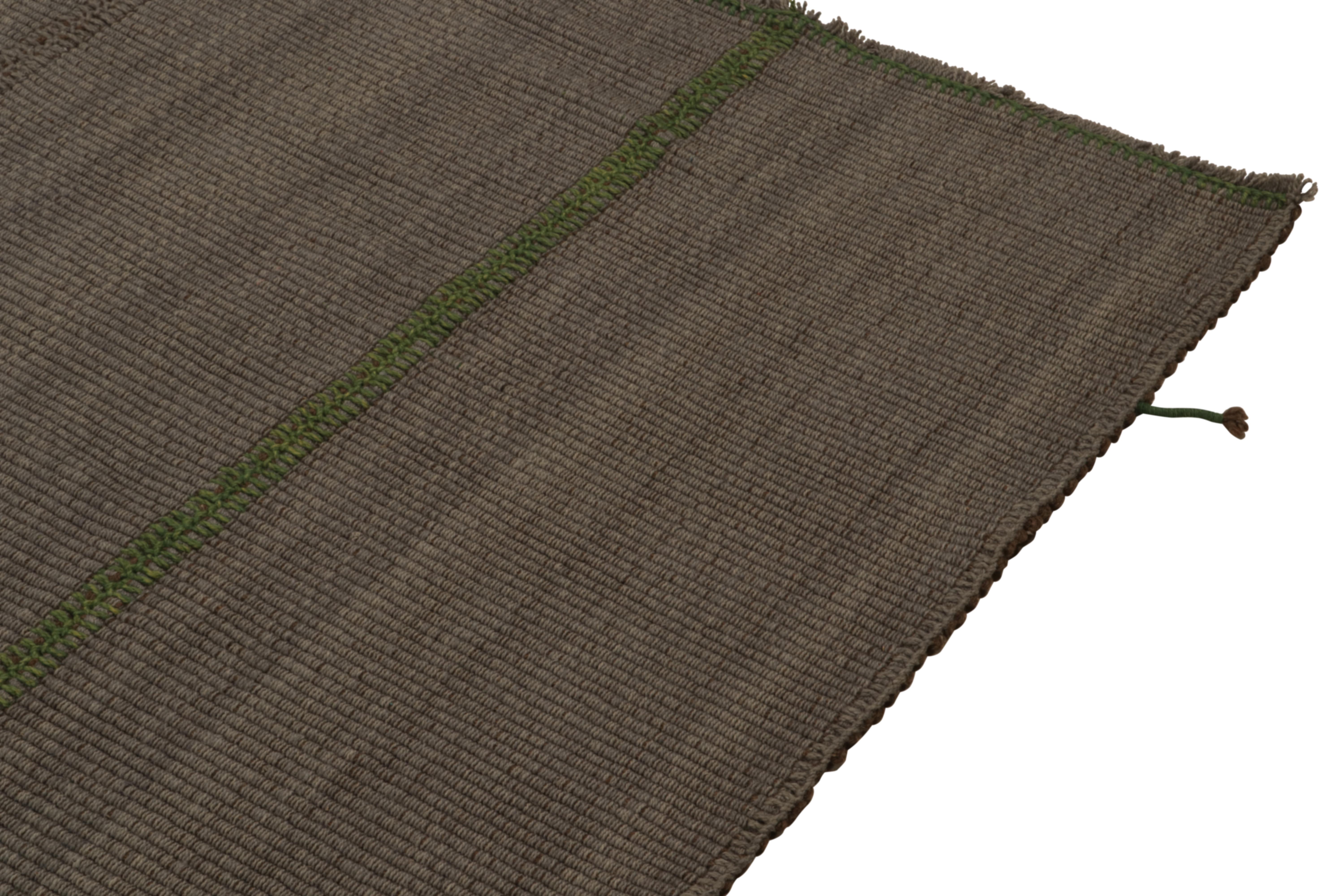 Hand-Knotted Rug & Kilim’s Contemporary Kilim in Brown with Green Accents, Muted Stripes For Sale
