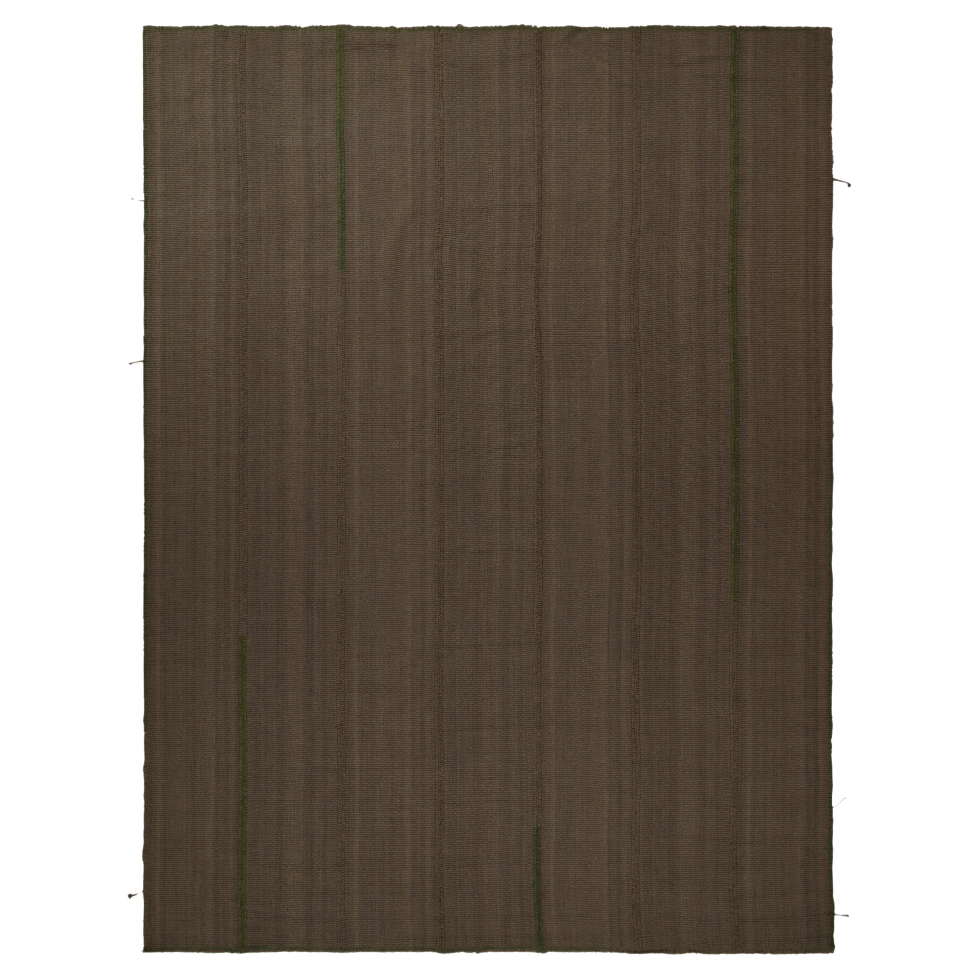Rug & Kilim’s Contemporary Kilim in Brown with Green Accents, Muted Stripes For Sale