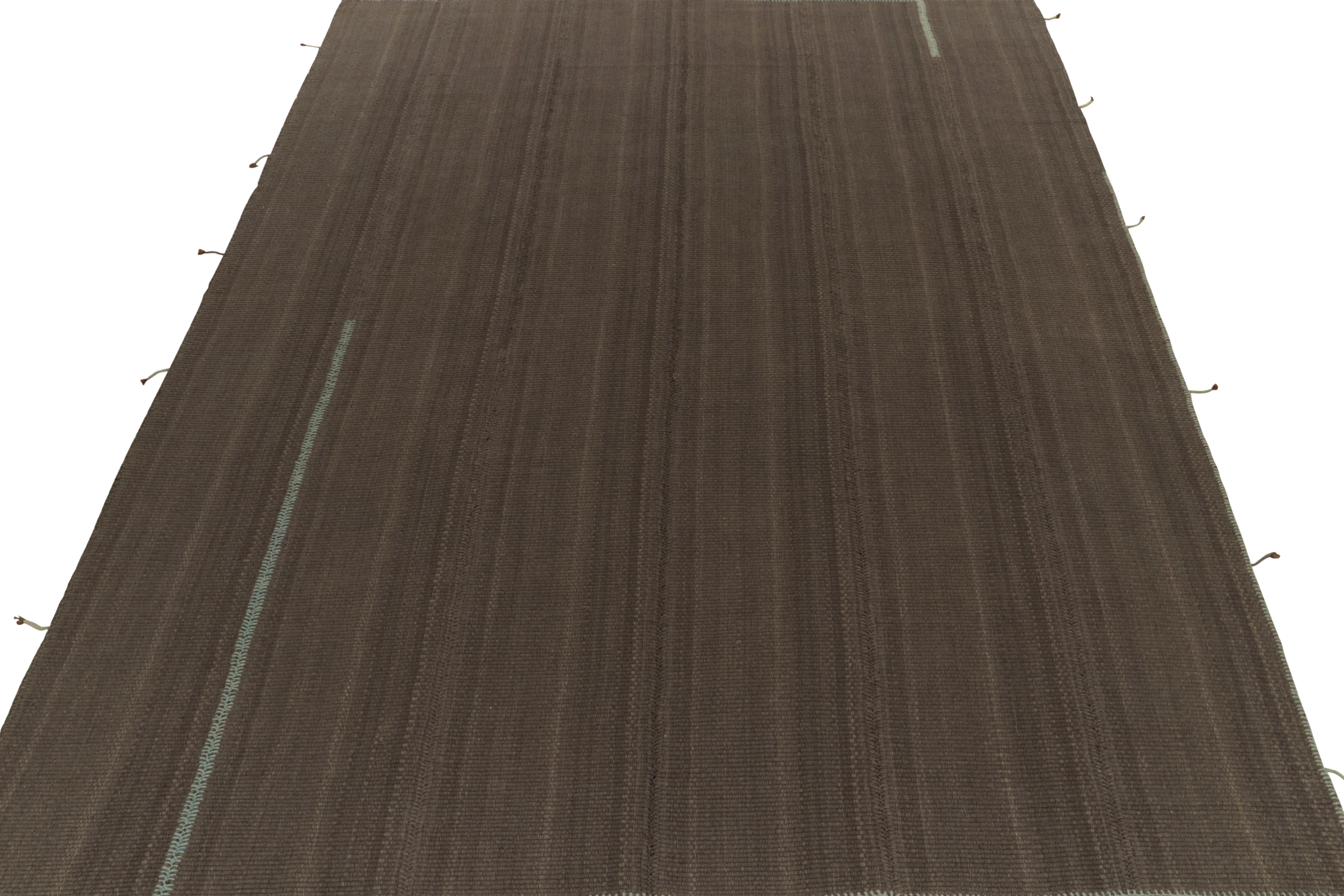 Afghan Rug & Kilim’s Contemporary Kilim in Brown with Muted Stripes For Sale