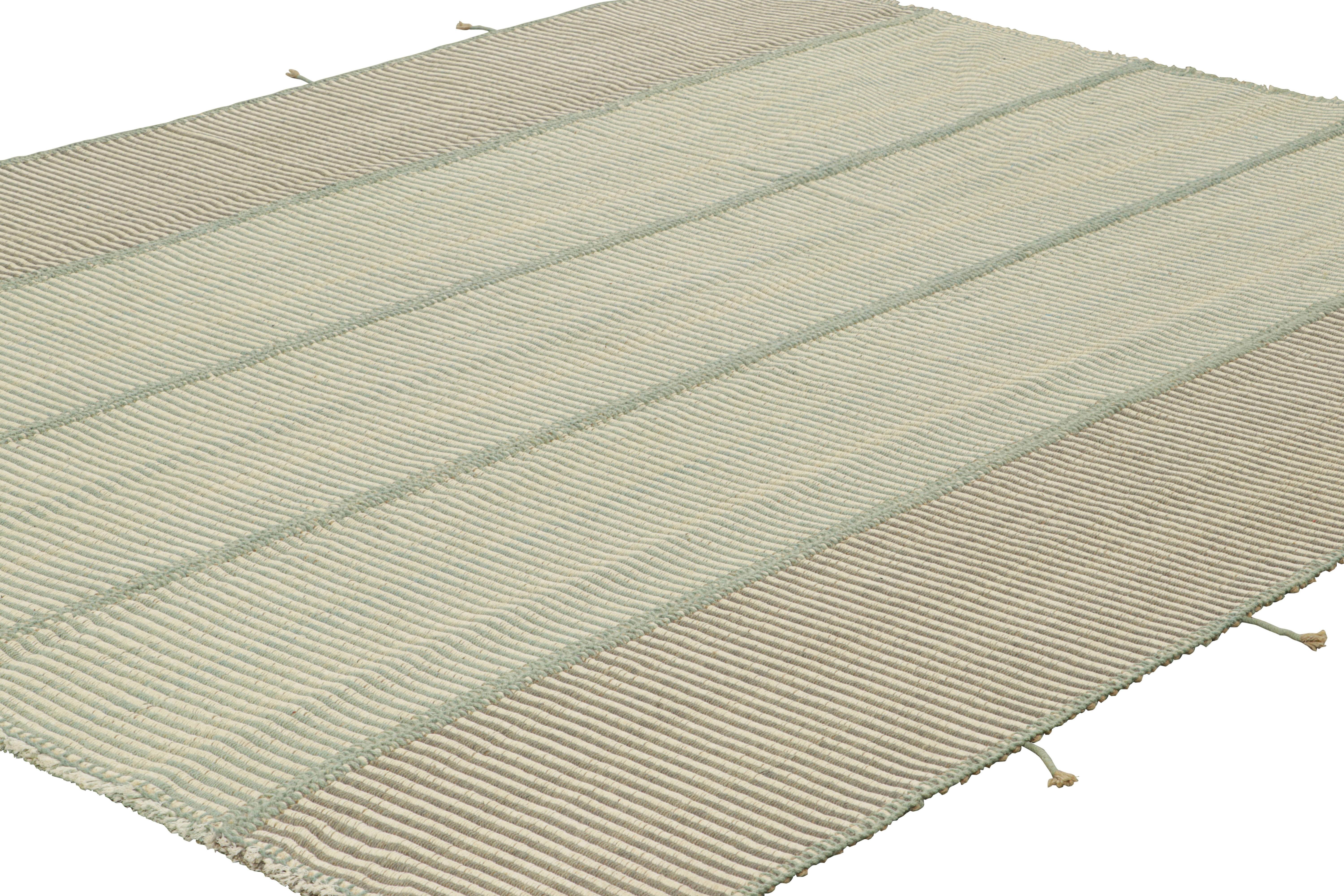 Afghan Rug & Kilim’s Contemporary Kilim in Cream and Blue Textural Stripes For Sale