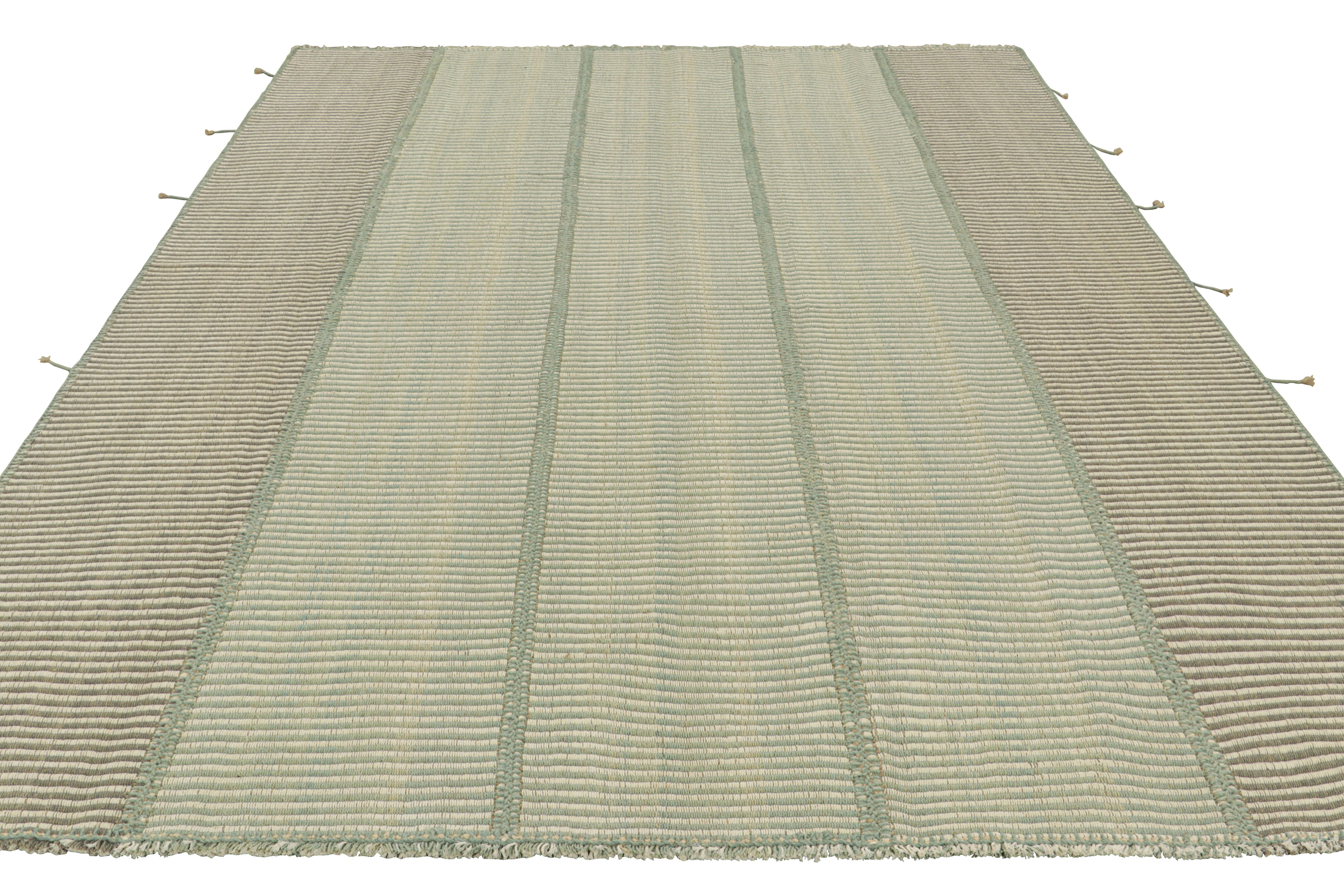 Hand-Woven Rug & Kilim’s Contemporary Kilim in Cream and Blue Textural Stripes For Sale