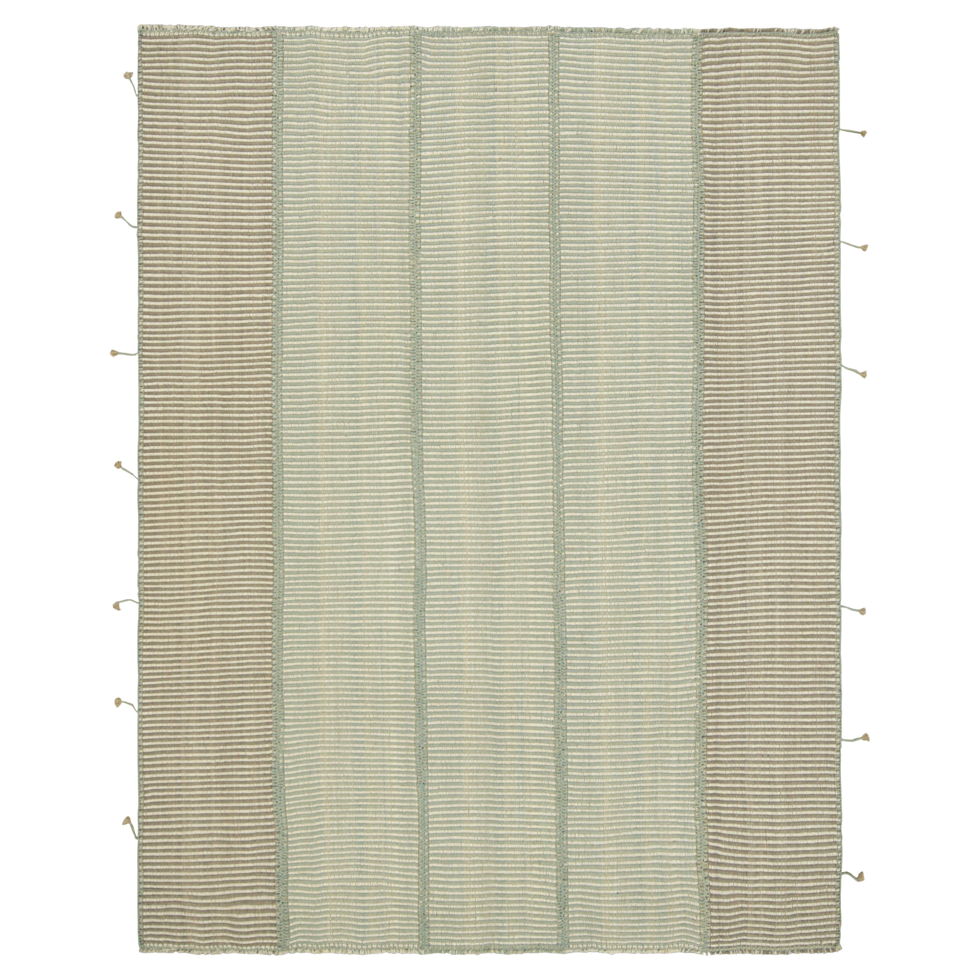 Rug & Kilim’s Contemporary Kilim in Cream and Blue Textural Stripes For Sale