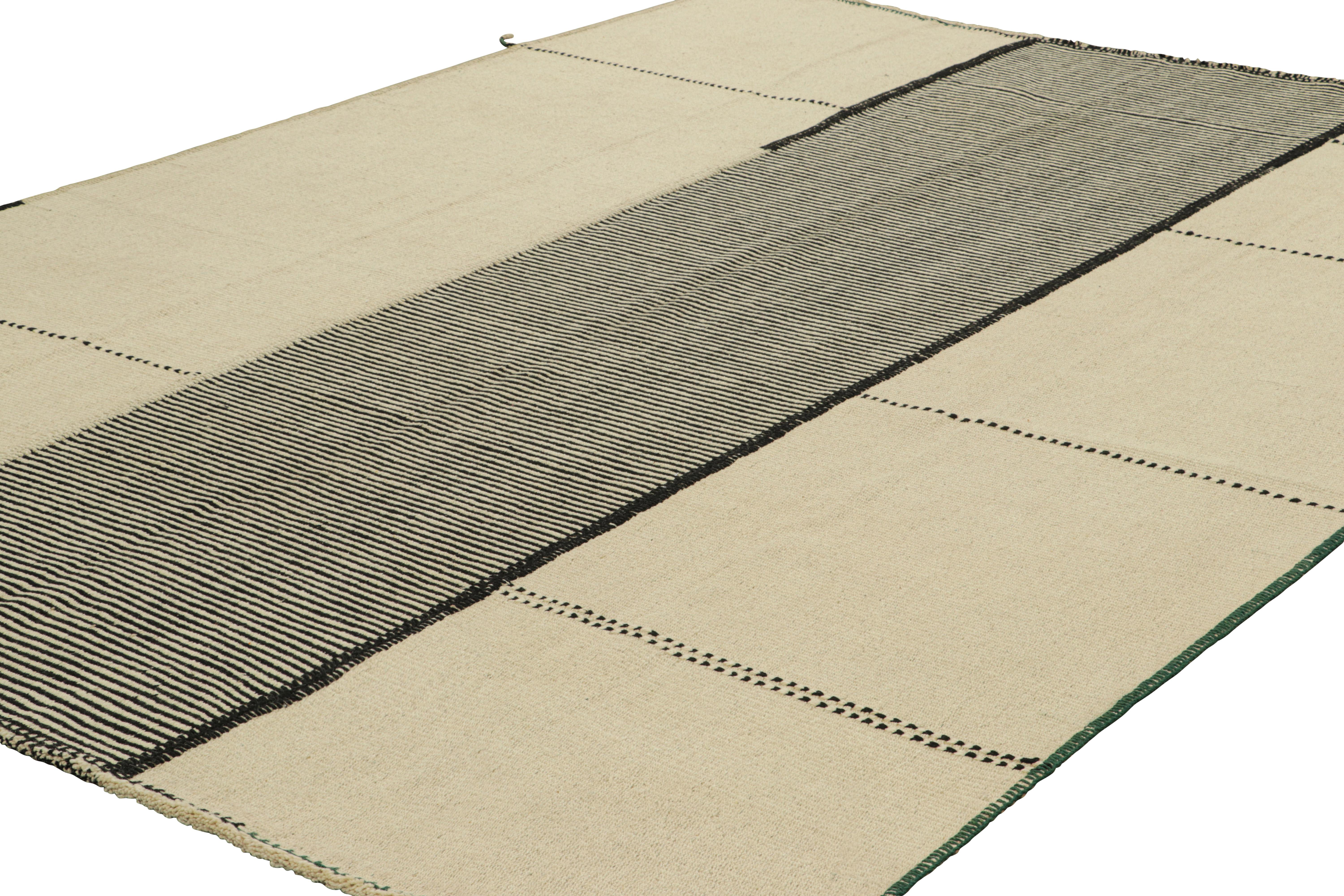 Afghan Rug & Kilim’s Contemporary Kilim in Cream White and Black Textural Stripes For Sale