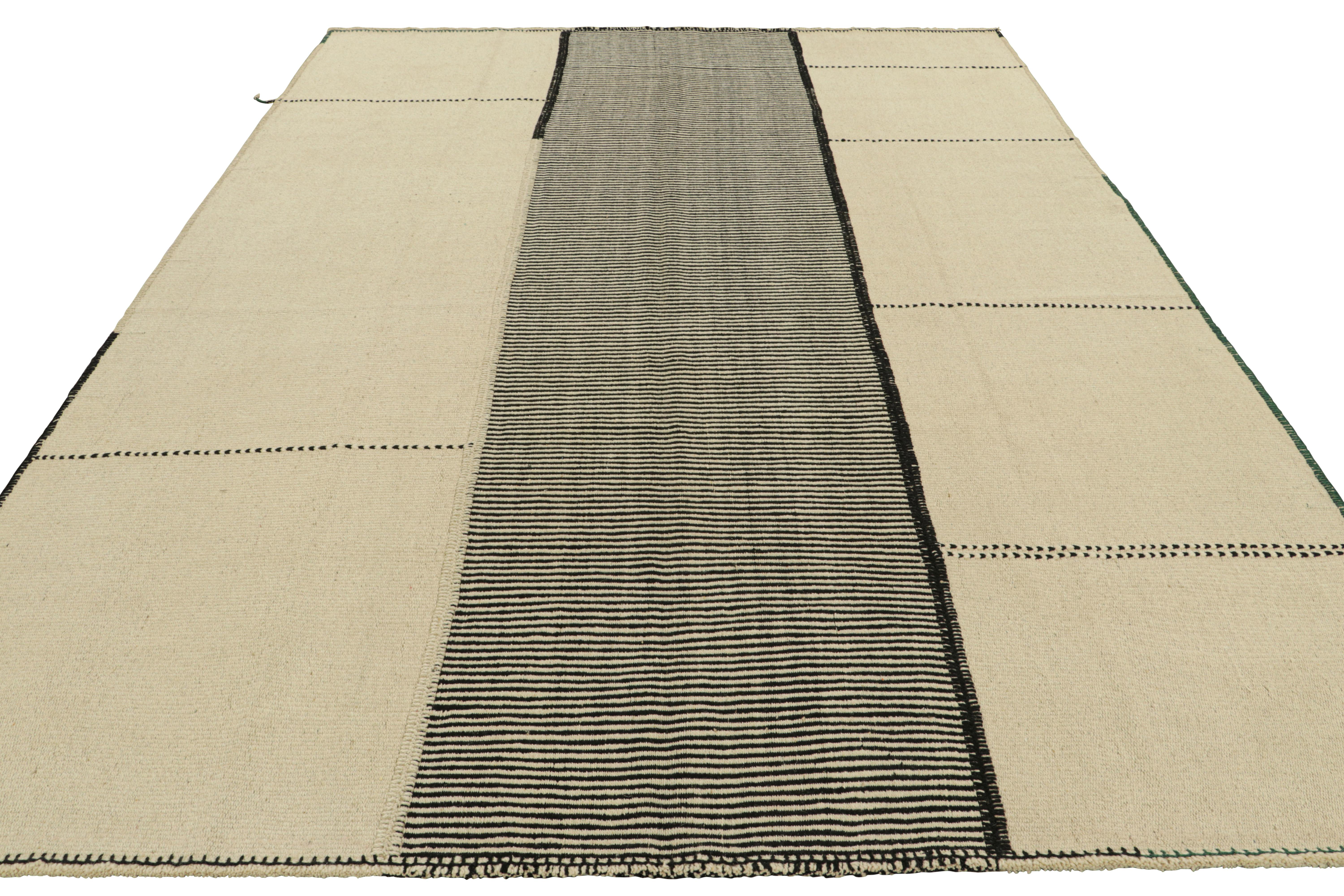 Hand-Woven Rug & Kilim’s Contemporary Kilim in Cream White and Black Textural Stripes For Sale
