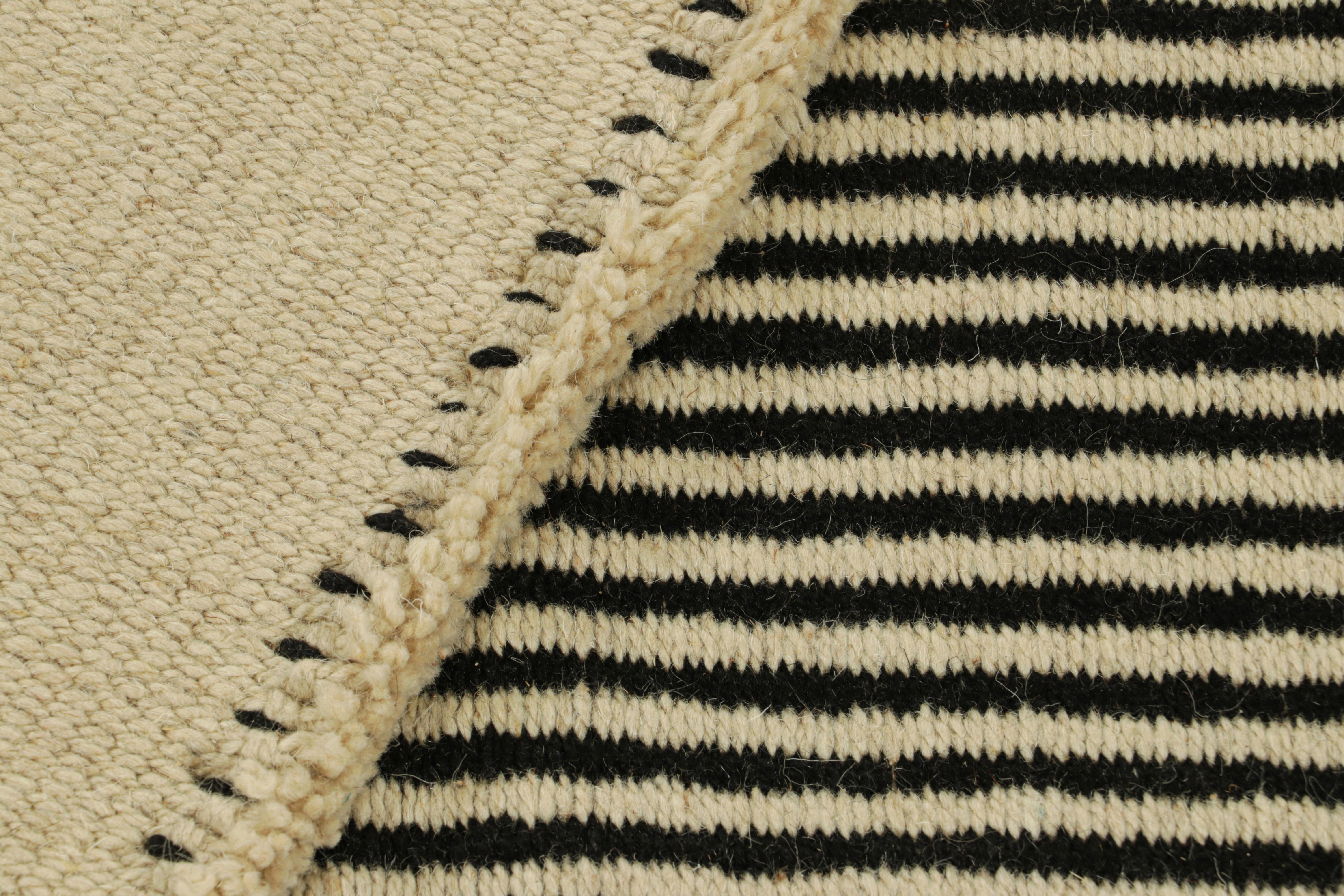 Wool Rug & Kilim’s Contemporary Kilim in Cream White and Black Textural Stripes For Sale