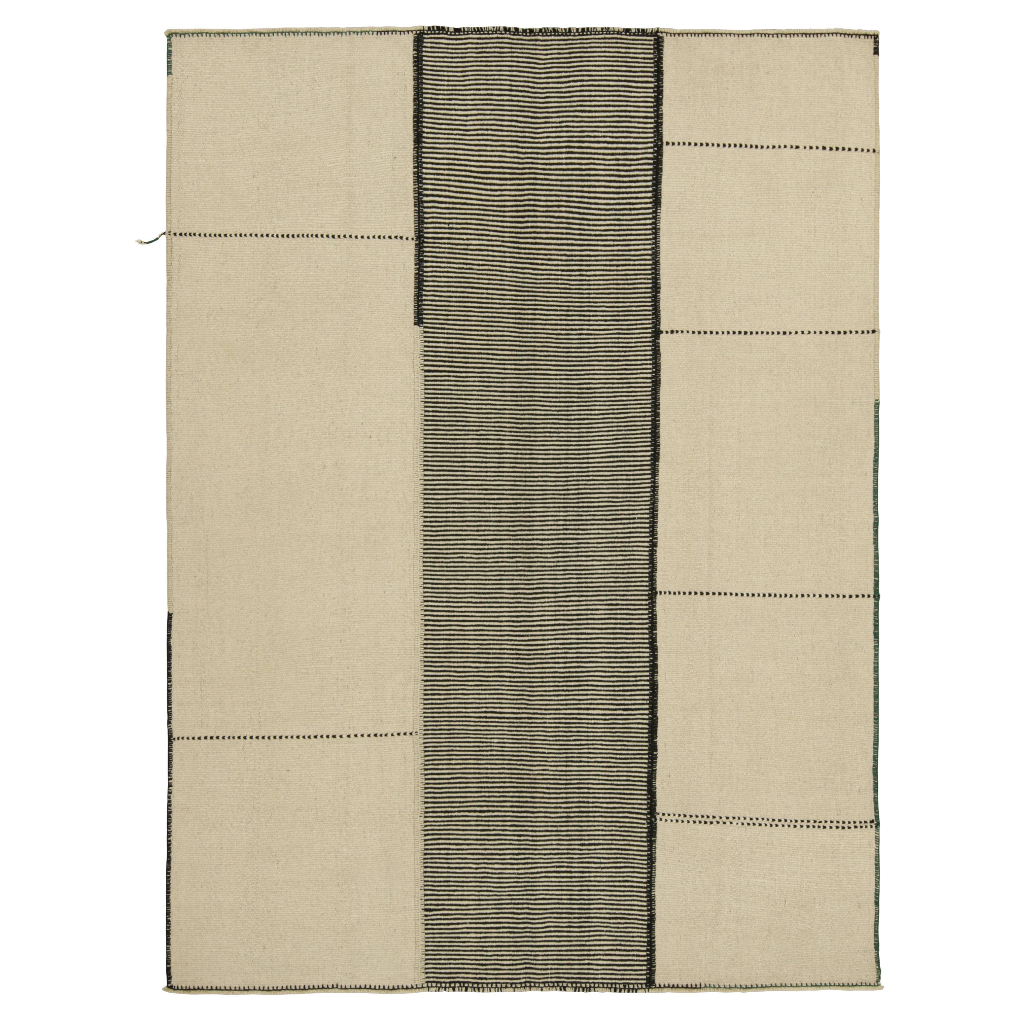 Rug & Kilim’s Contemporary Kilim in Cream White and Black Textural Stripes