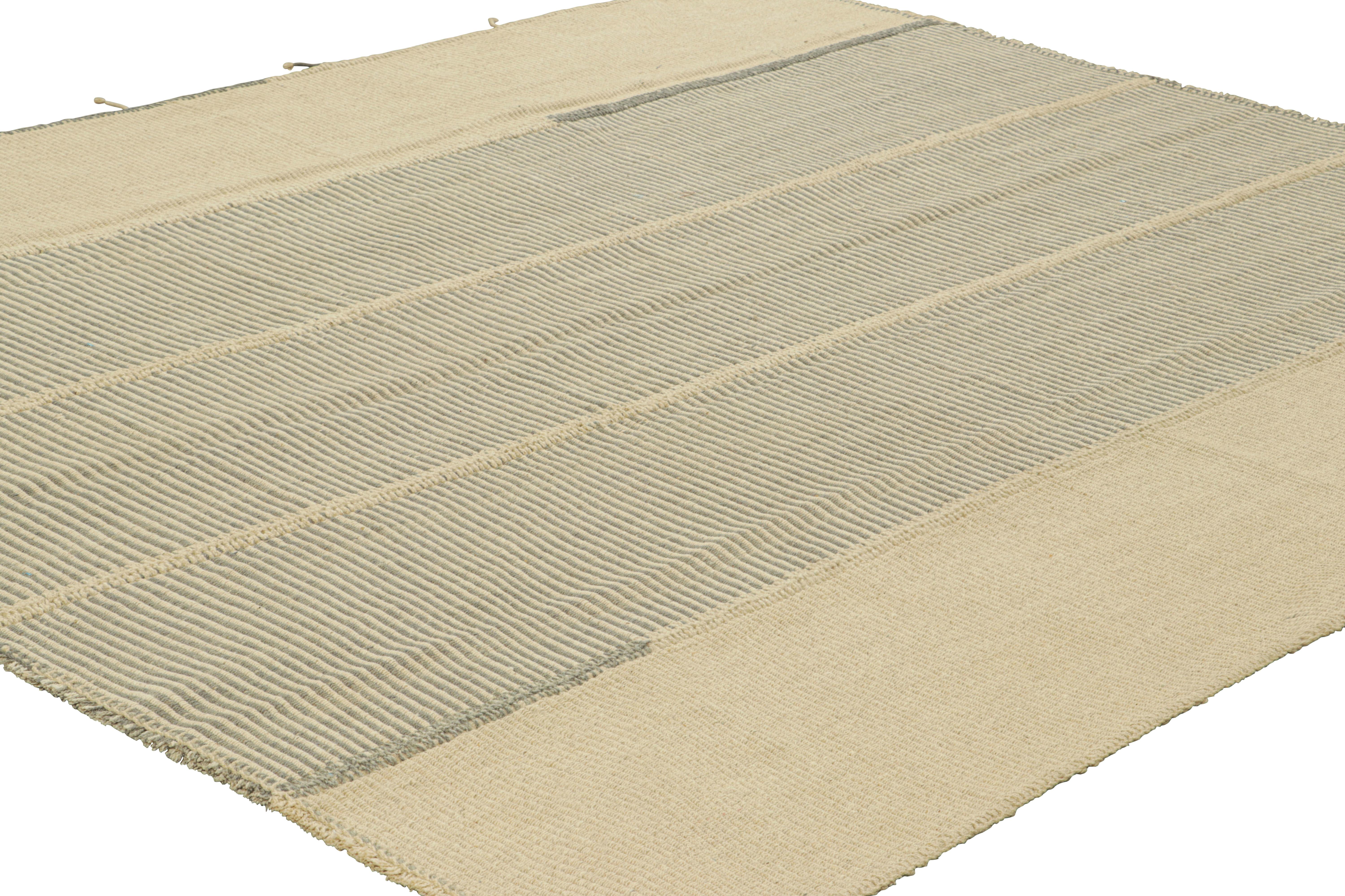 Afghan Rug & Kilim’s Contemporary Kilim in Cream White and Gray Textural Stripes For Sale