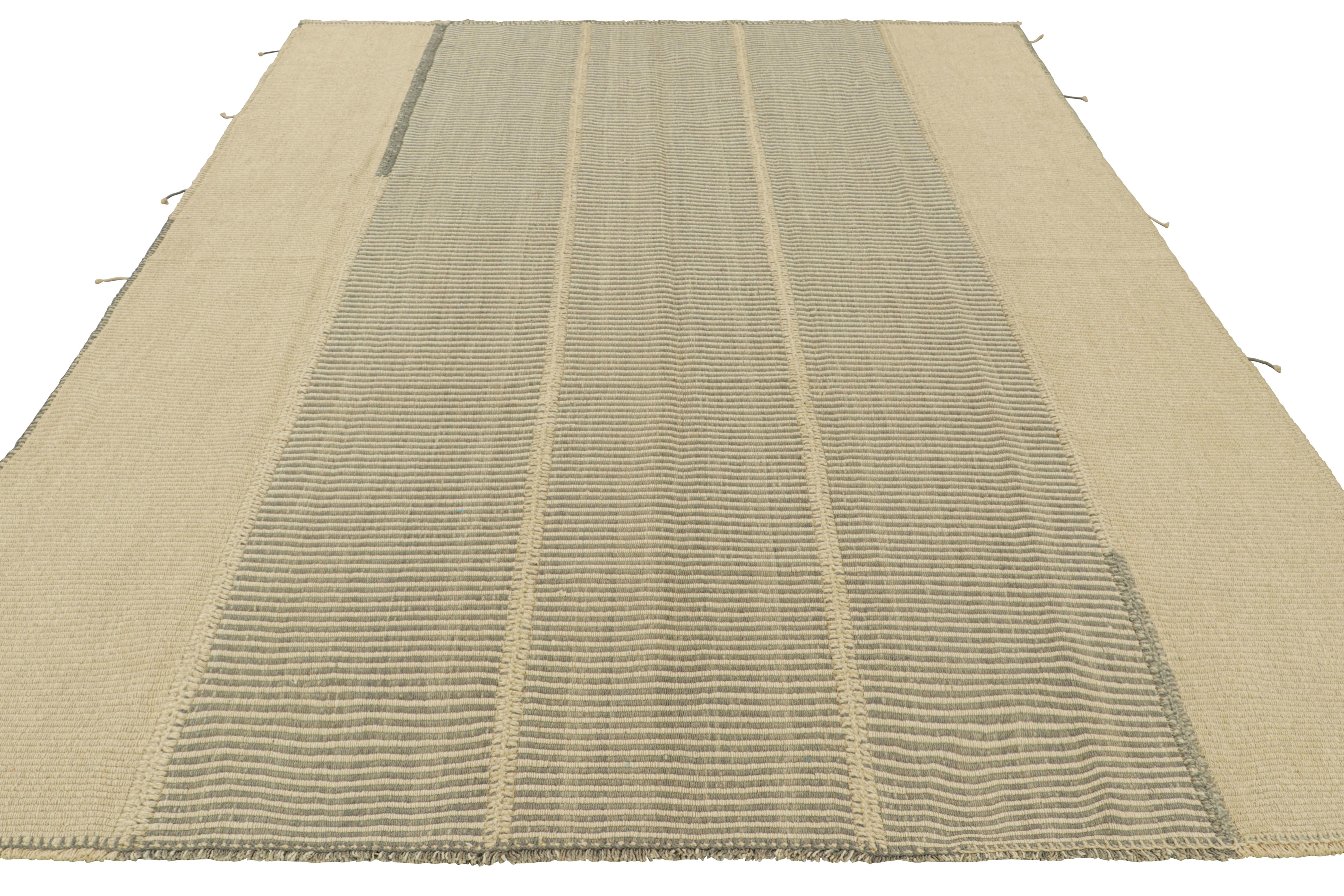 Hand-Woven Rug & Kilim’s Contemporary Kilim in Cream White and Gray Textural Stripes For Sale
