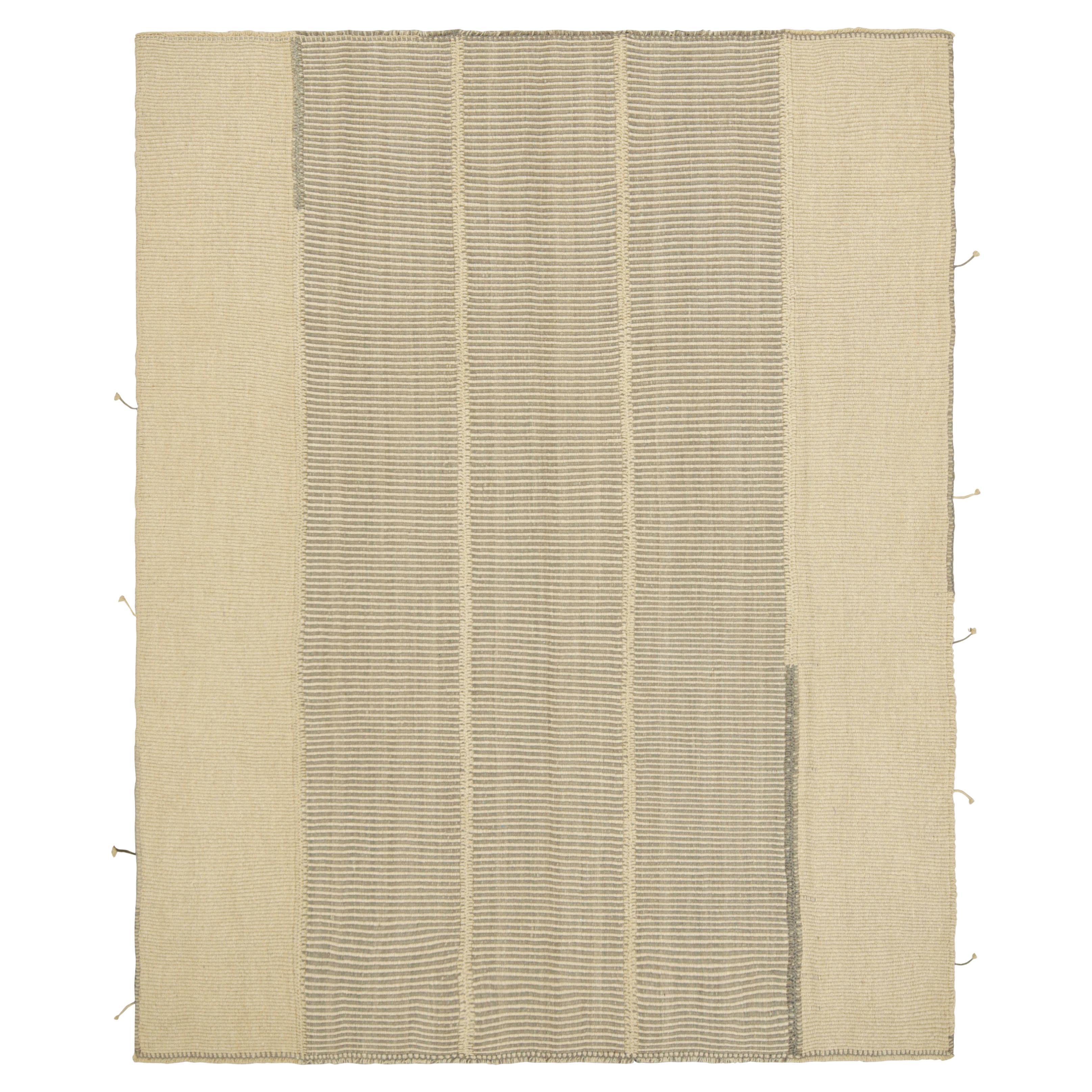 Rug & Kilim’s Contemporary Kilim in Cream White and Gray Textural Stripes