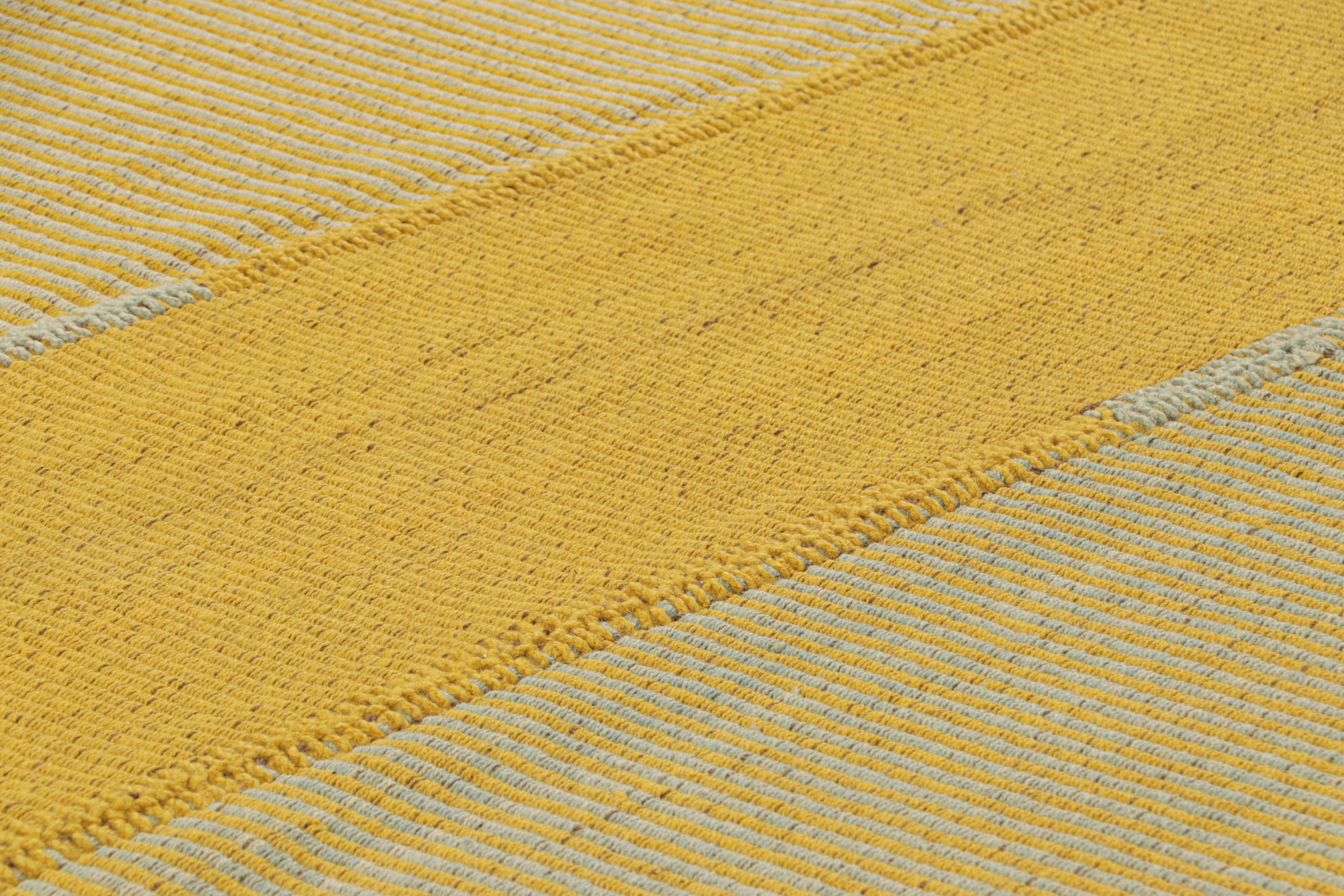Handwoven in wool, a 7x8 Kilim design from an inventive new contemporary flat weave collection by Rug & Kilim.

On the Design: 

Fondly dubbed, “Rez Kilims”, this modern take on classic panel-weaving enjoys a fabulous, unique play of light blue and