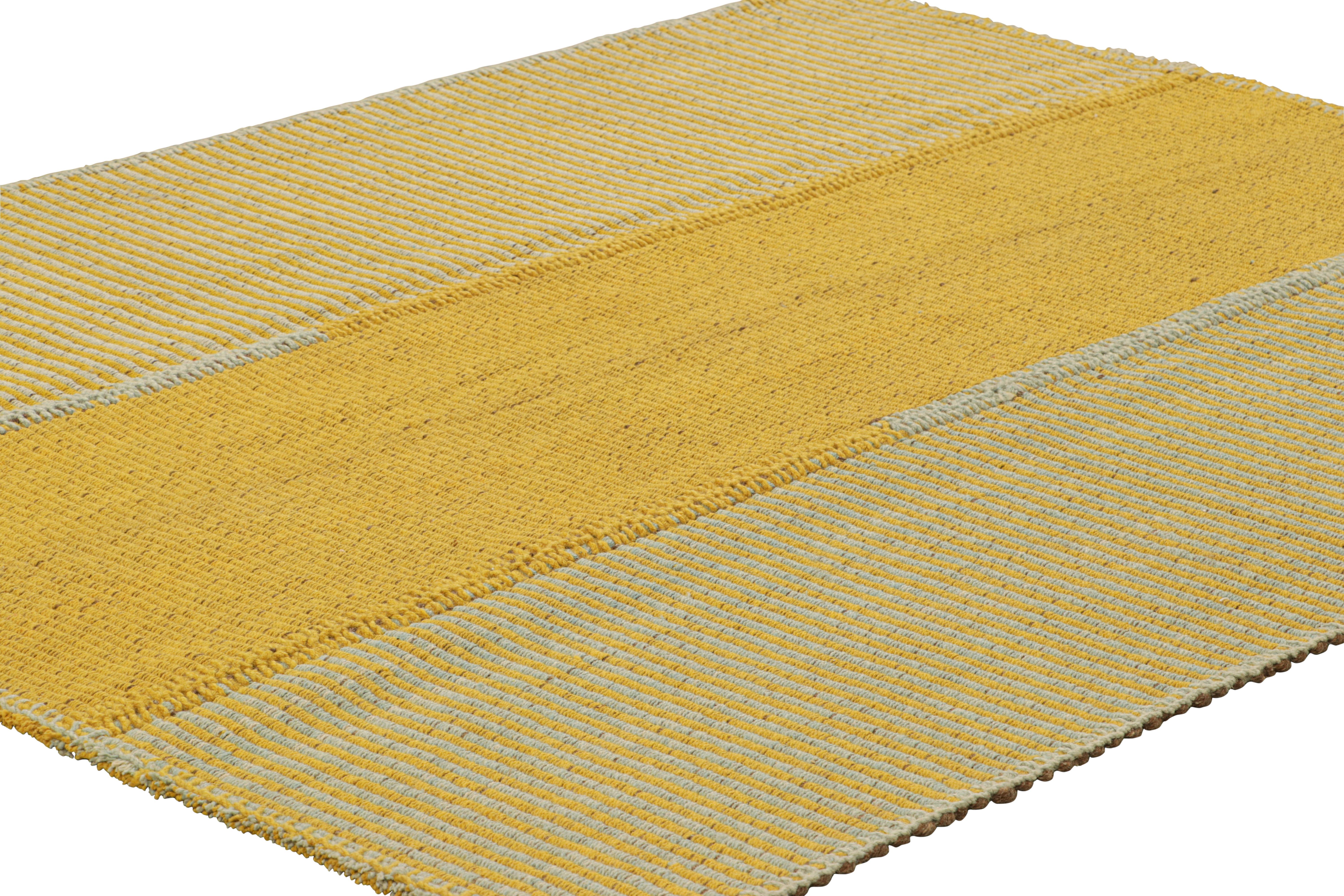 Afghan Rug & Kilim’s Contemporary Kilim in Gold and Blue Textural Stripes For Sale