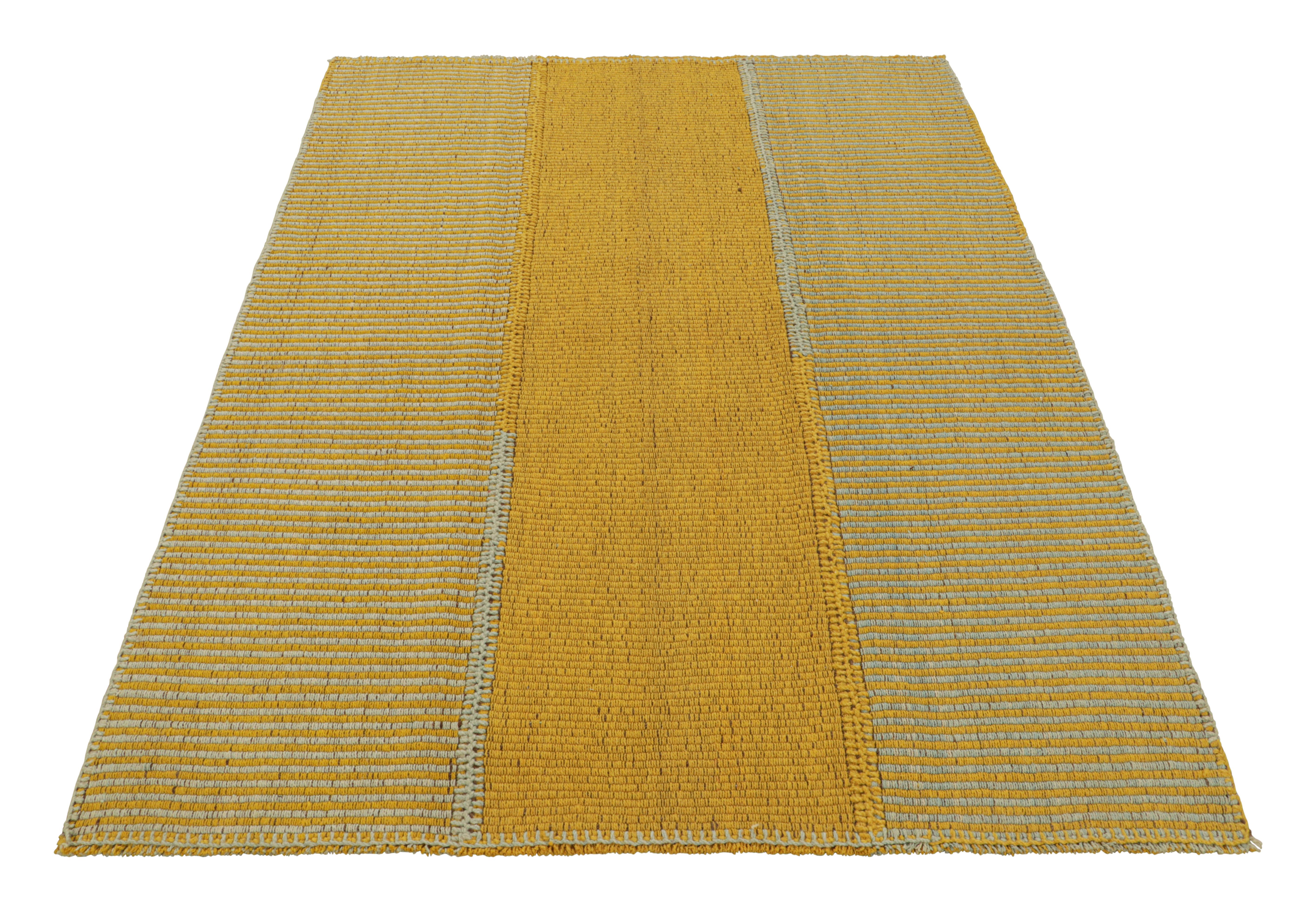 Hand-Woven Rug & Kilim’s Contemporary Kilim in Gold and Blue Textural Stripes For Sale