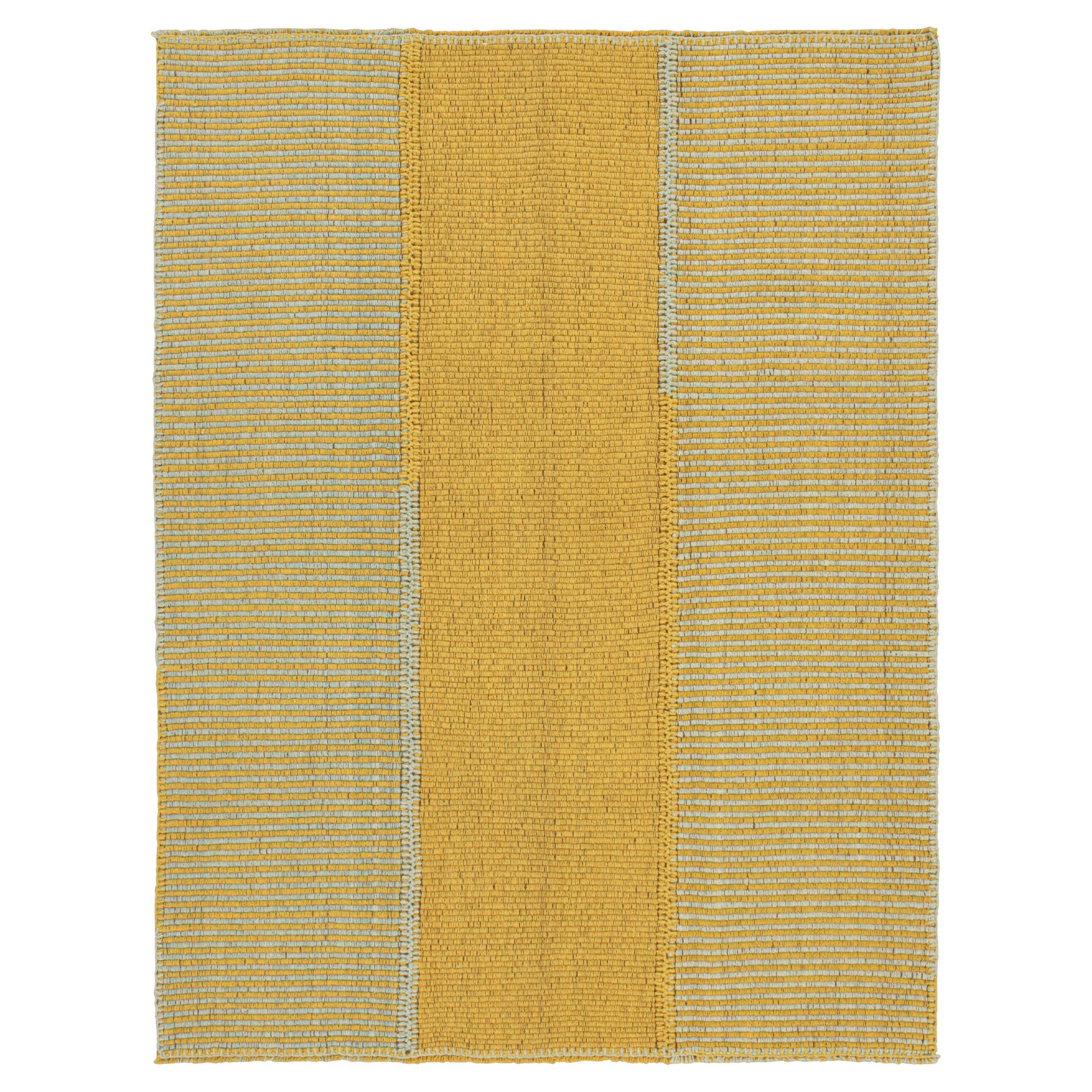 Rug & Kilim’s Contemporary Kilim in Gold and Blue Textural Stripes