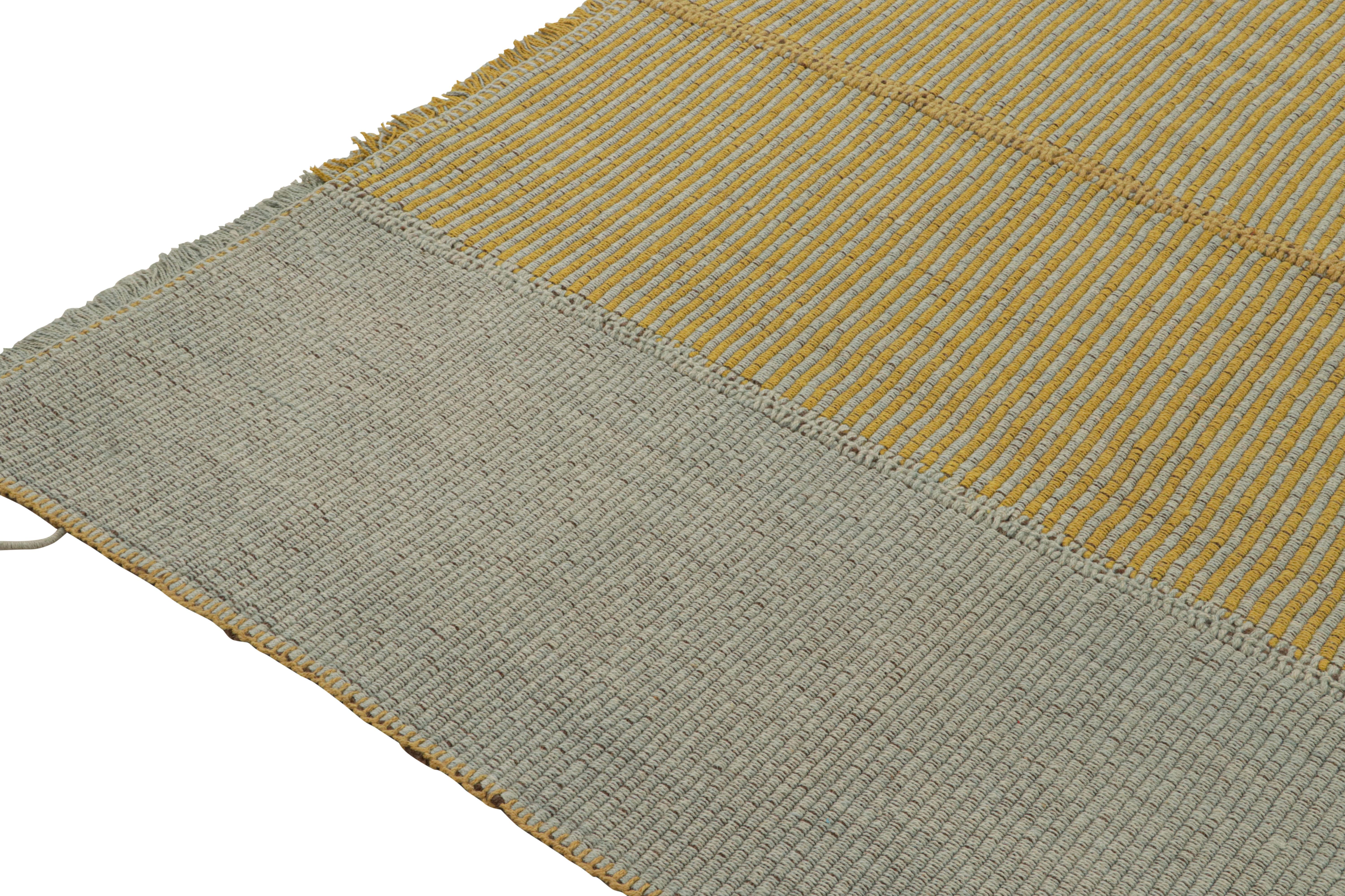 Rug & Kilim’s Contemporary Kilim in Gold and Blue with Stripes and Brown Accents In New Condition For Sale In Long Island City, NY