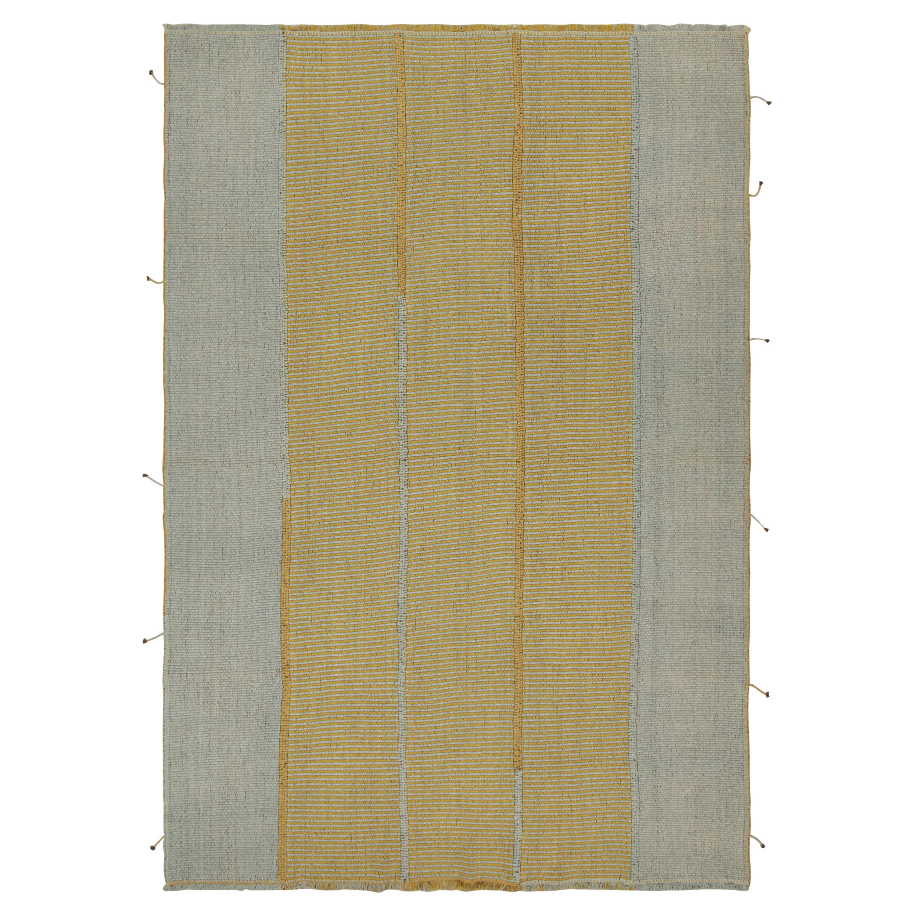 Rug & Kilim's Contemporary Kilim in Gold and Blue with Stripes and Brown Accents (Kilim contemporain en or et bleu avec des rayures et des accents bruns)