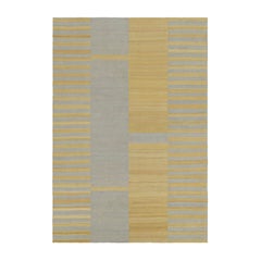 Rug & Kilim’s Contemporary Kilim in Gold and Ice Blue Stripes, Gray Accents
