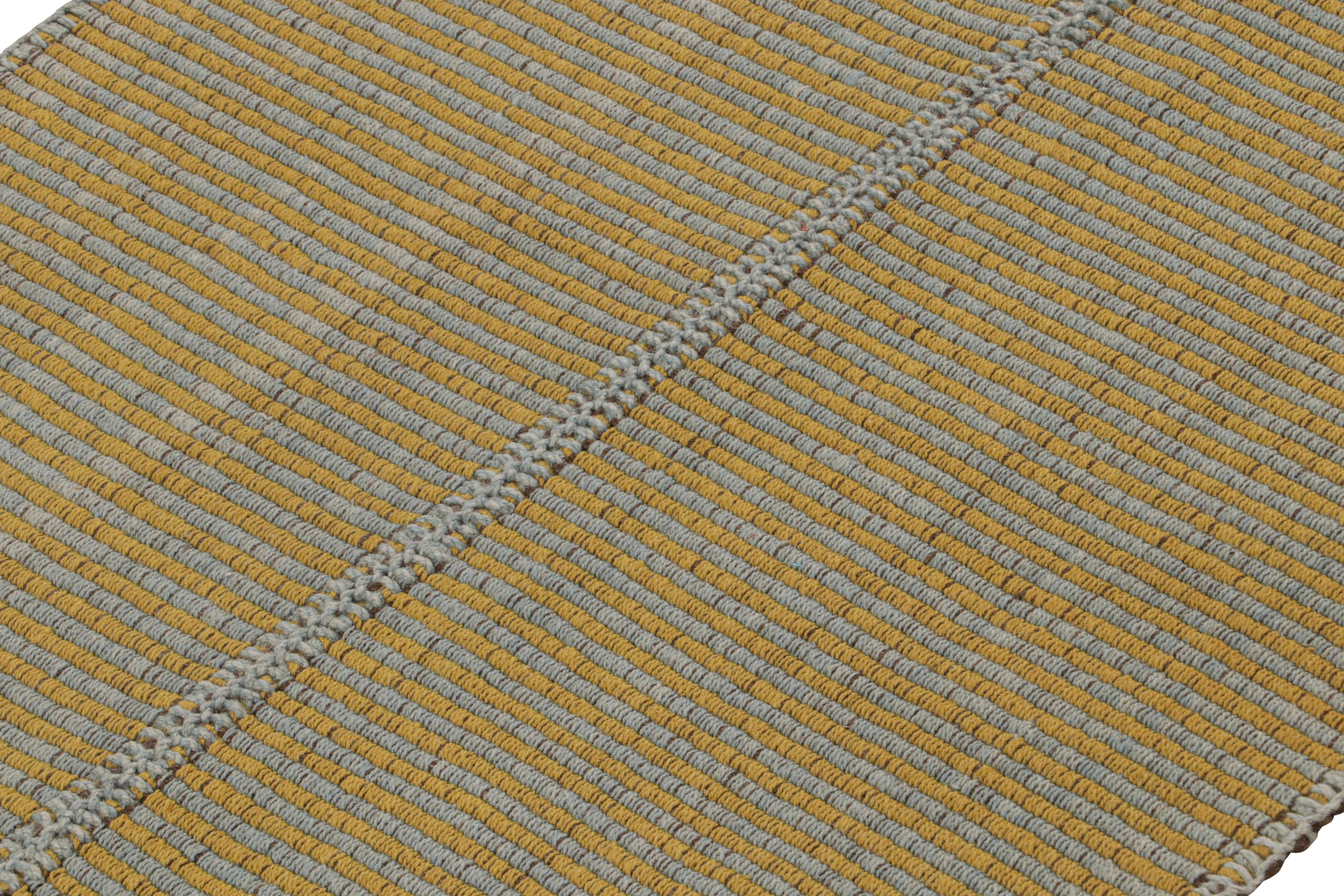Handwoven in wool, this 3x3 square Kilim is from an inventive new contemporary flat weave collection by Rug & Kilim.

On the Design: 

Our “Rez Kilim” collection represents a unique modern take on classic Persian panel-weaving. This piece enjoys