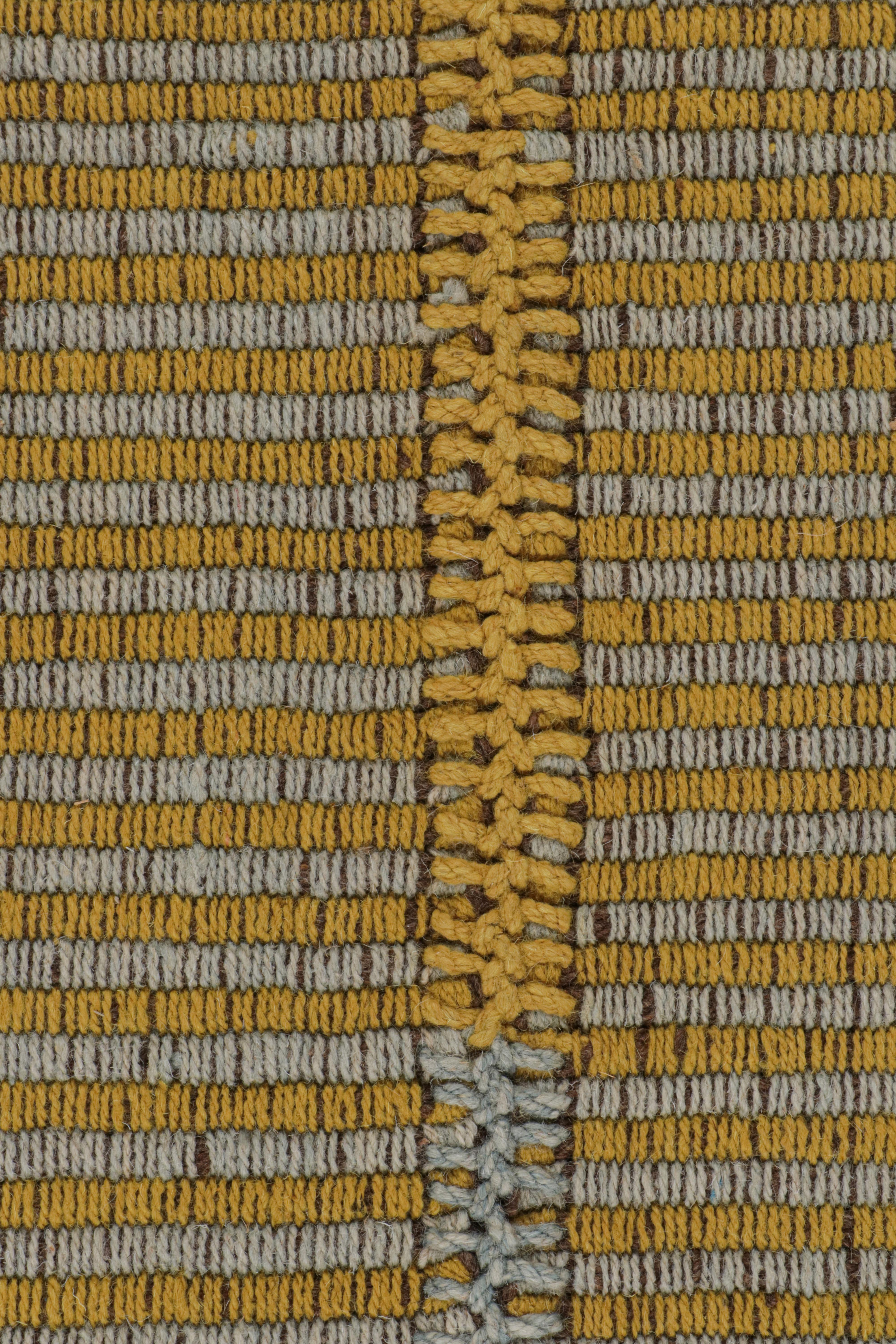Modern Rug & Kilim’s Contemporary Kilim in Gold and Sky Blue Stripes with Brown Accents For Sale