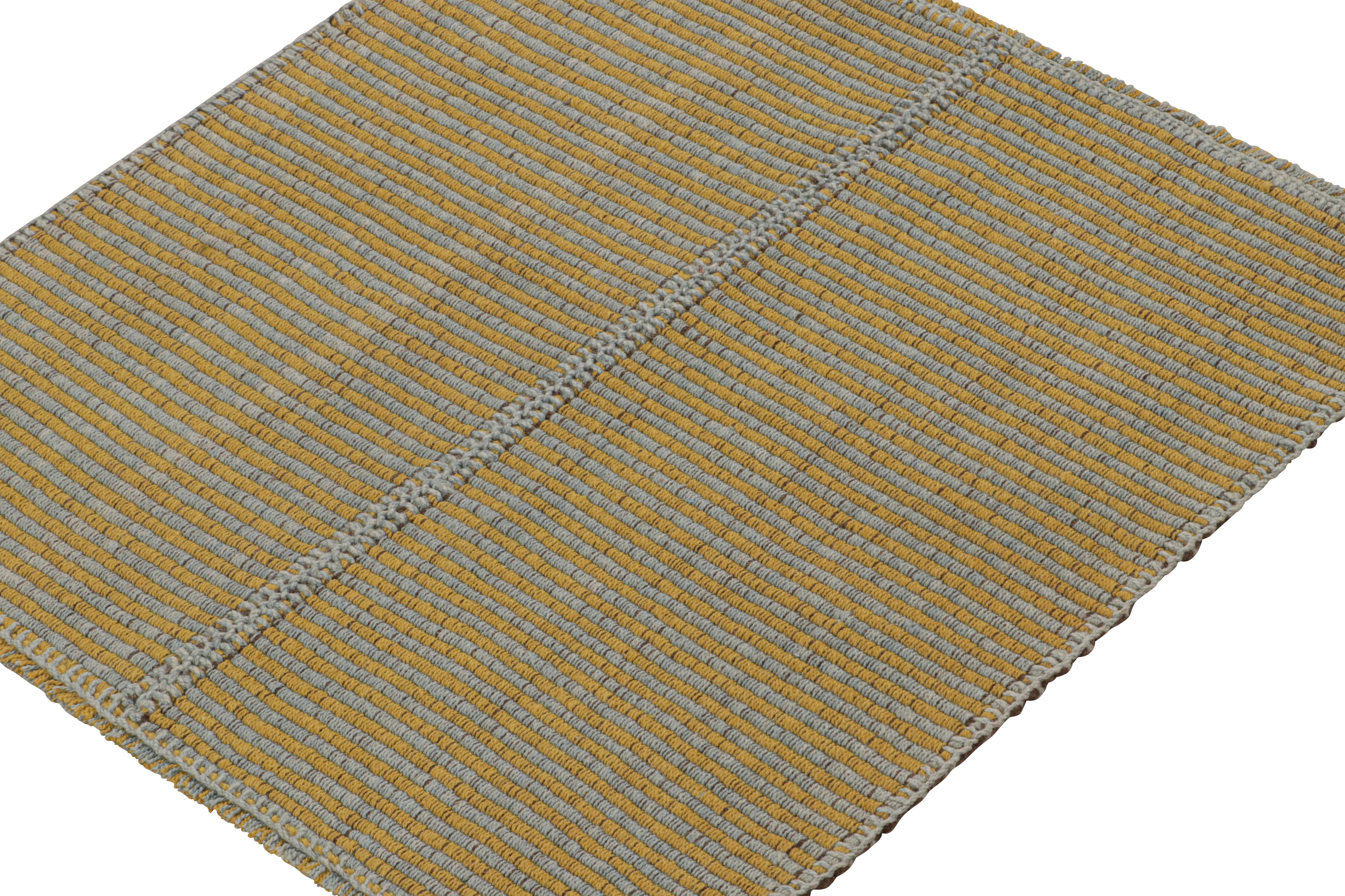 Persian Rug & Kilim’s Contemporary Kilim in Gold and Sky Blue Stripes with Brown Accents For Sale