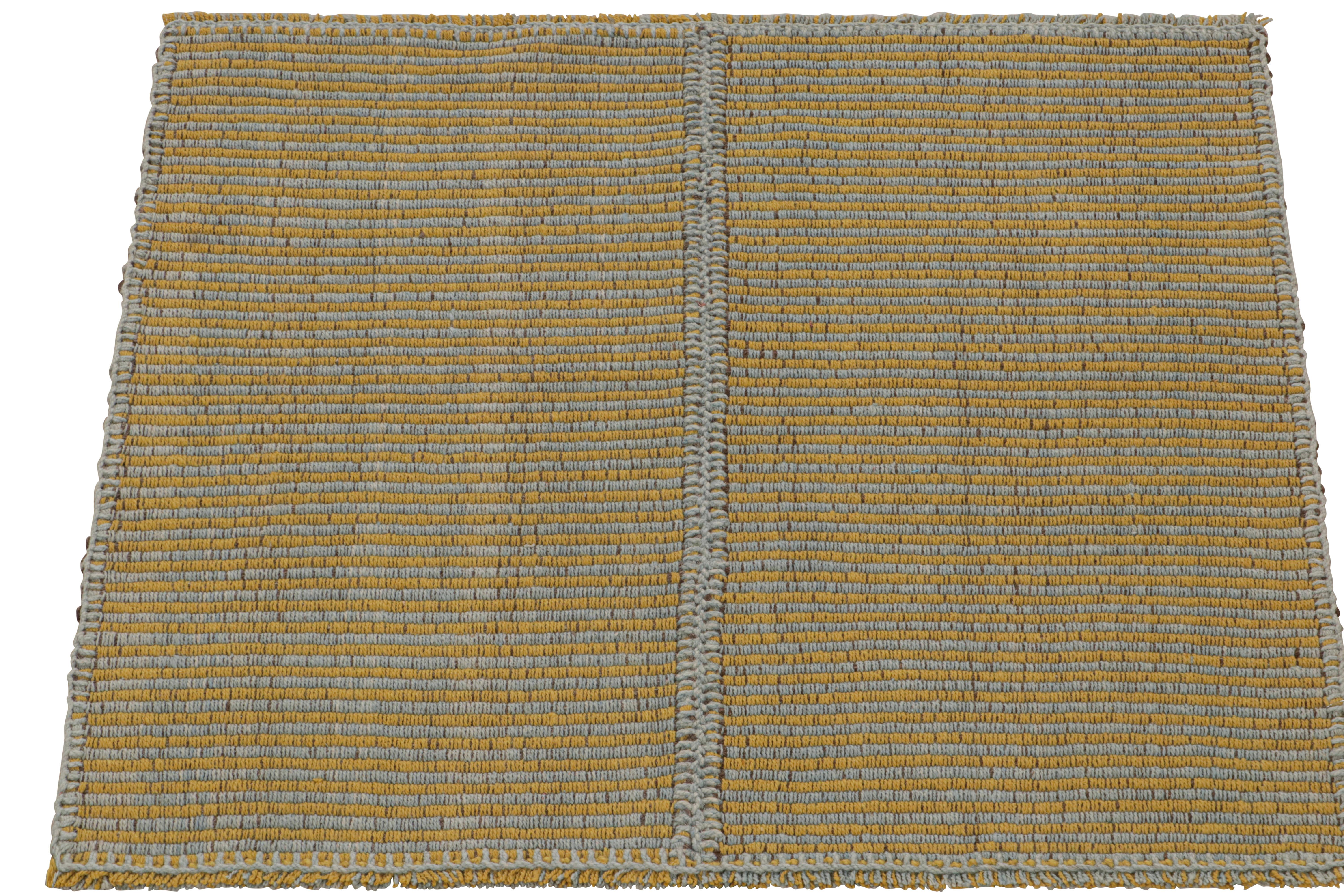 Hand-Woven Rug & Kilim’s Contemporary Kilim in Gold and Sky Blue Stripes with Brown Accents For Sale