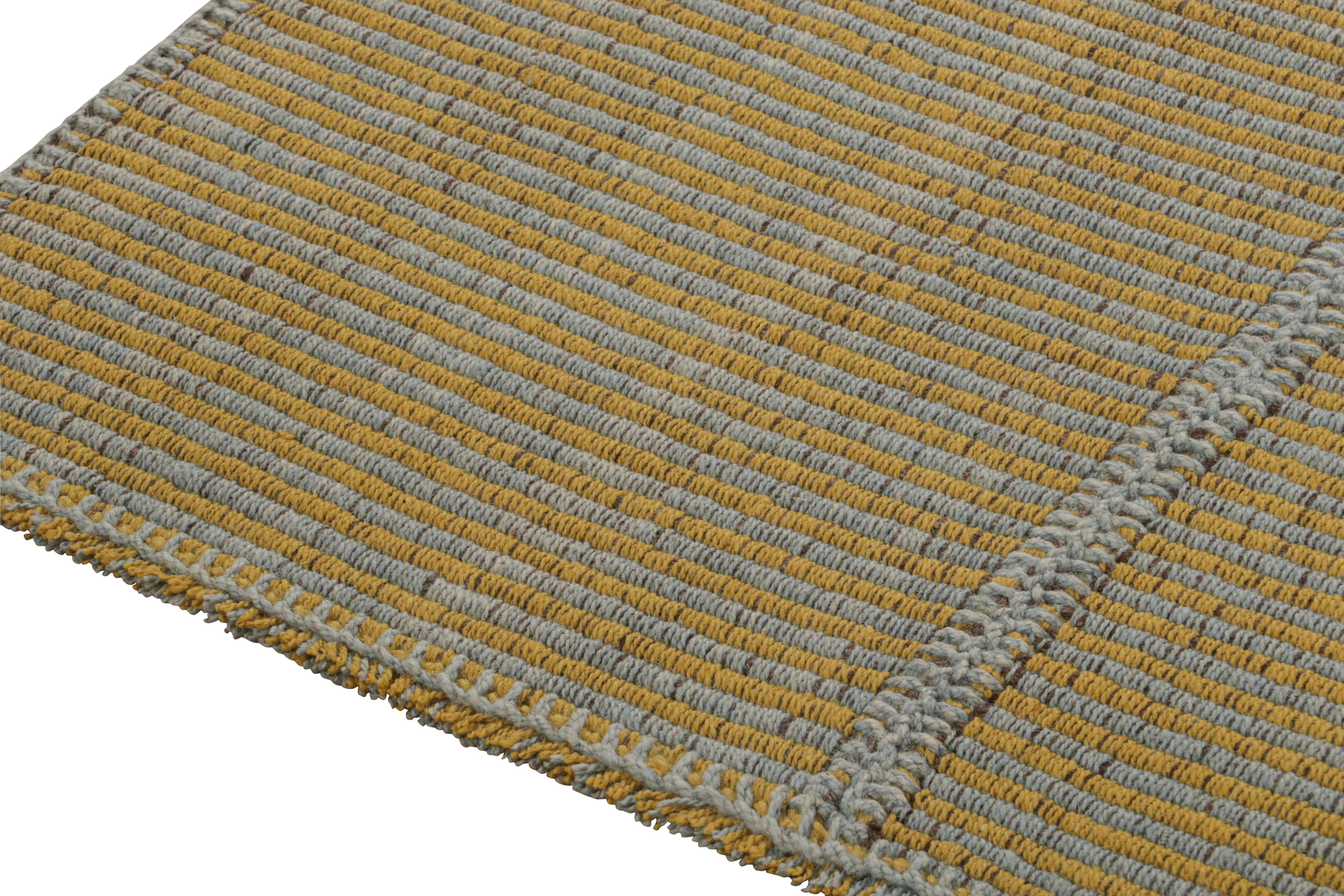 Rug & Kilim’s Contemporary Kilim in Gold and Sky Blue Stripes with Brown Accents In New Condition For Sale In Long Island City, NY