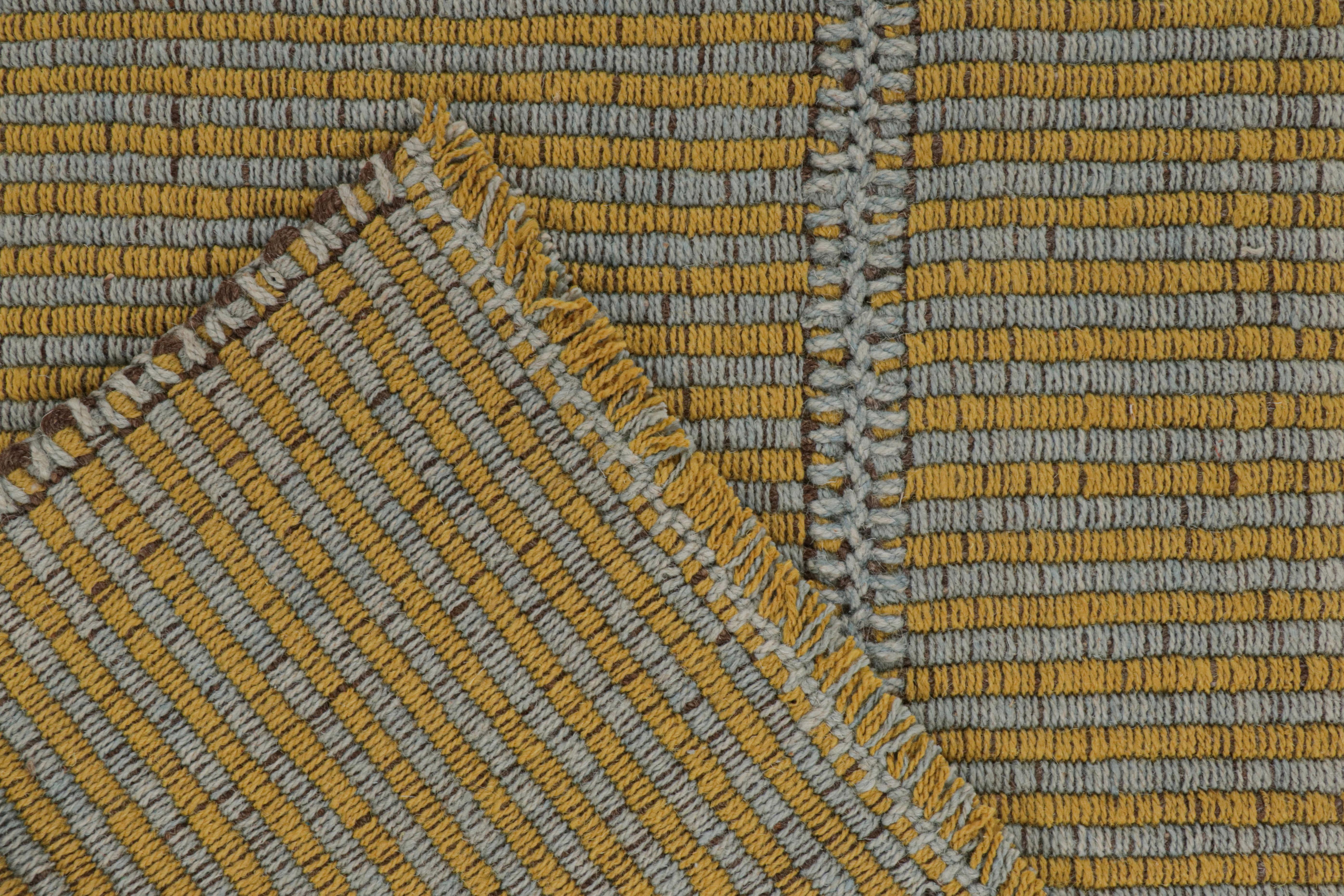 Wool Rug & Kilim’s Contemporary Kilim in Gold and Sky Blue Stripes with Brown Accents For Sale