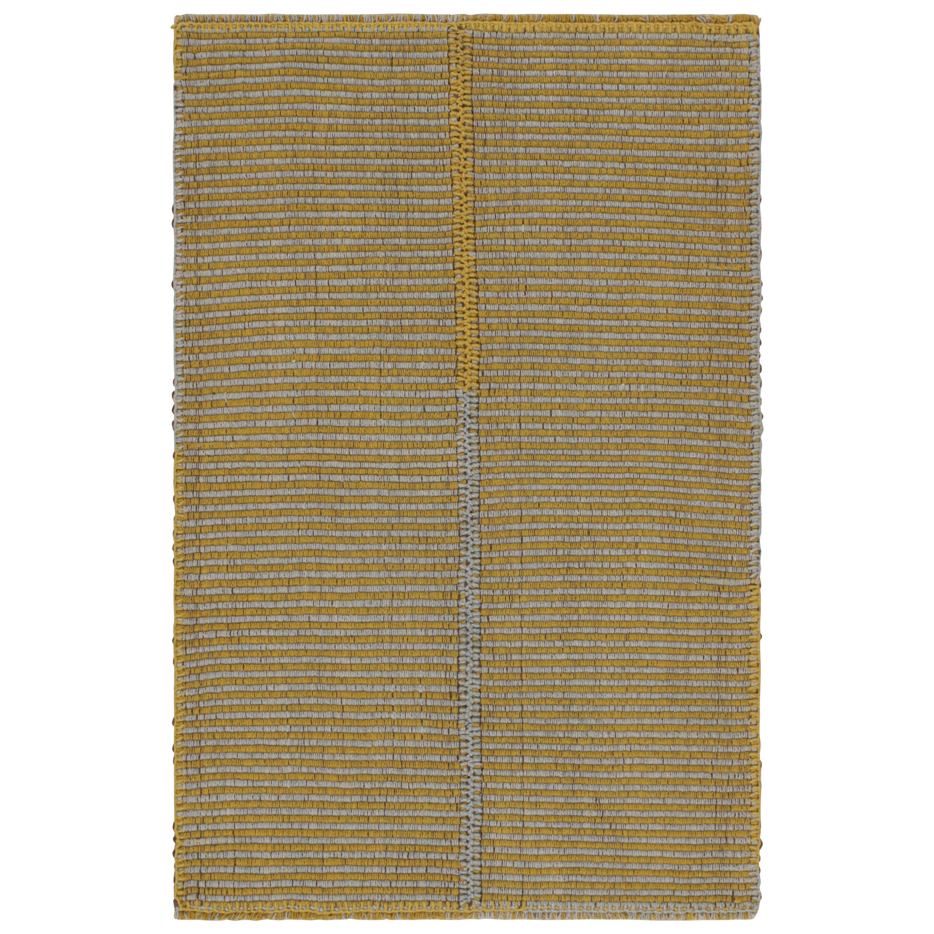Rug & Kilim’s Contemporary Kilim in Gold and Sky Blue Stripes with Brown Accents For Sale