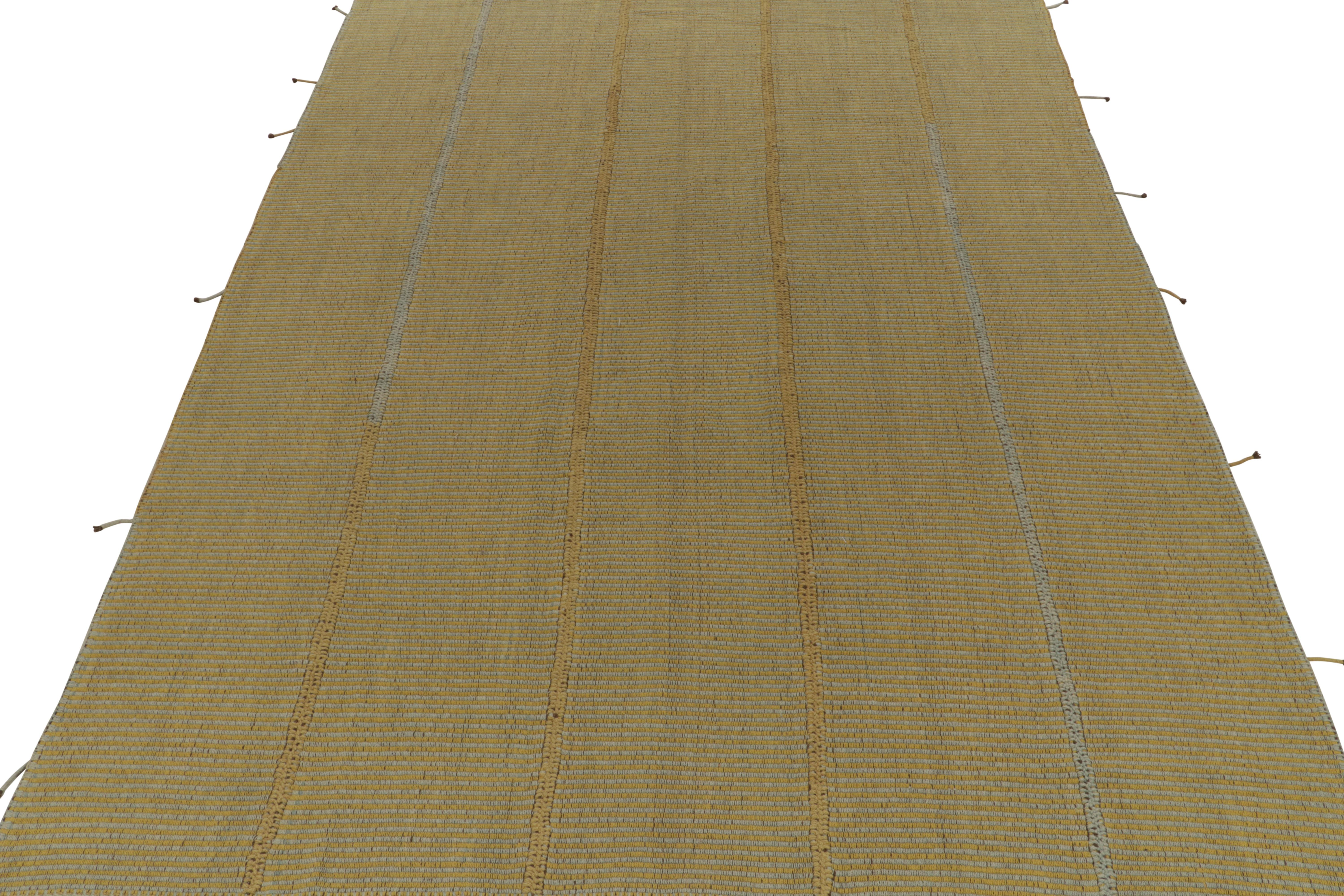 Afghan Rug & Kilim’s Contemporary Kilim in Golden-Yellow with Blue Stripes & Accents For Sale