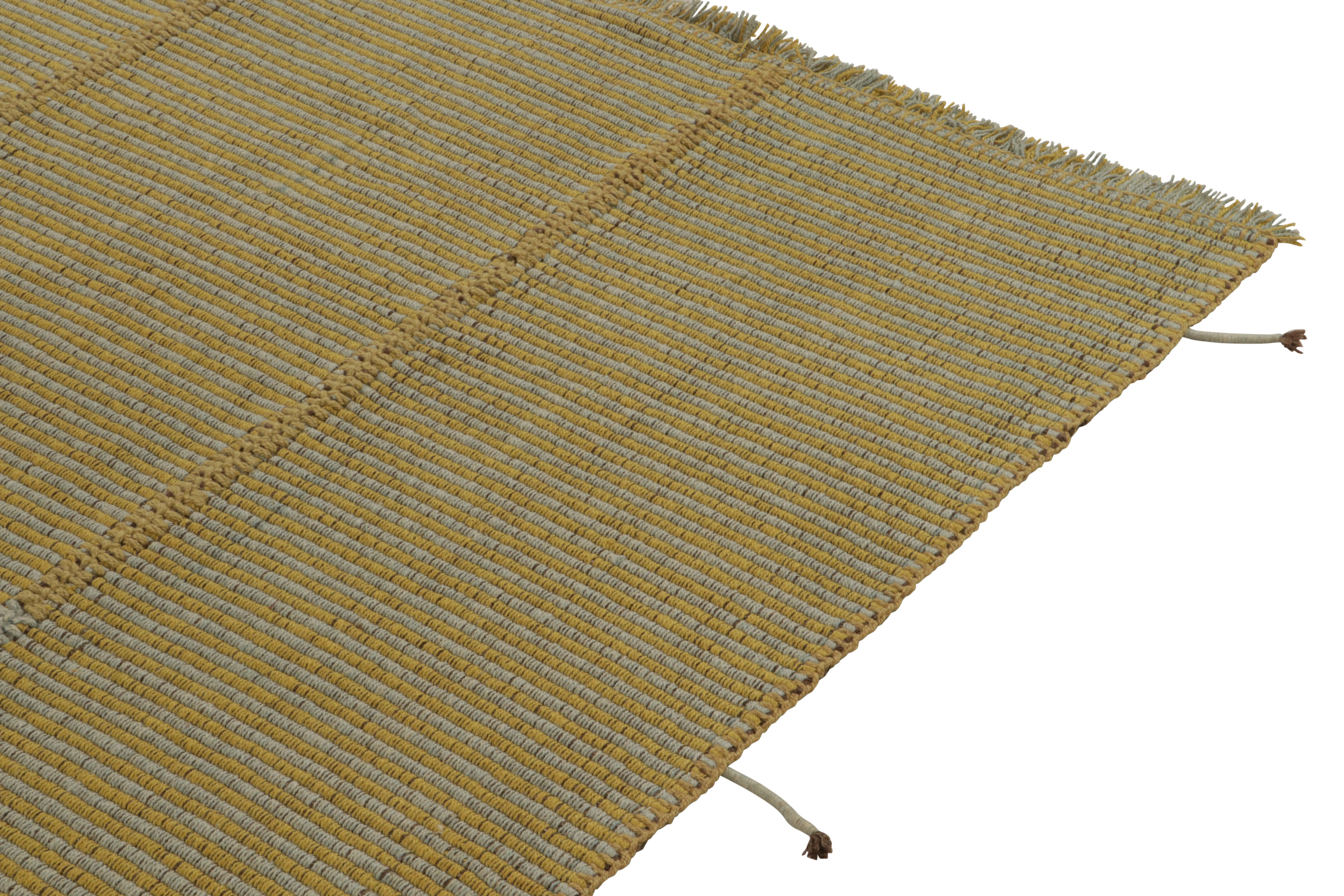 Rug & Kilim’s Contemporary Kilim in Golden-Yellow with Blue Stripes & Accents In New Condition For Sale In Long Island City, NY