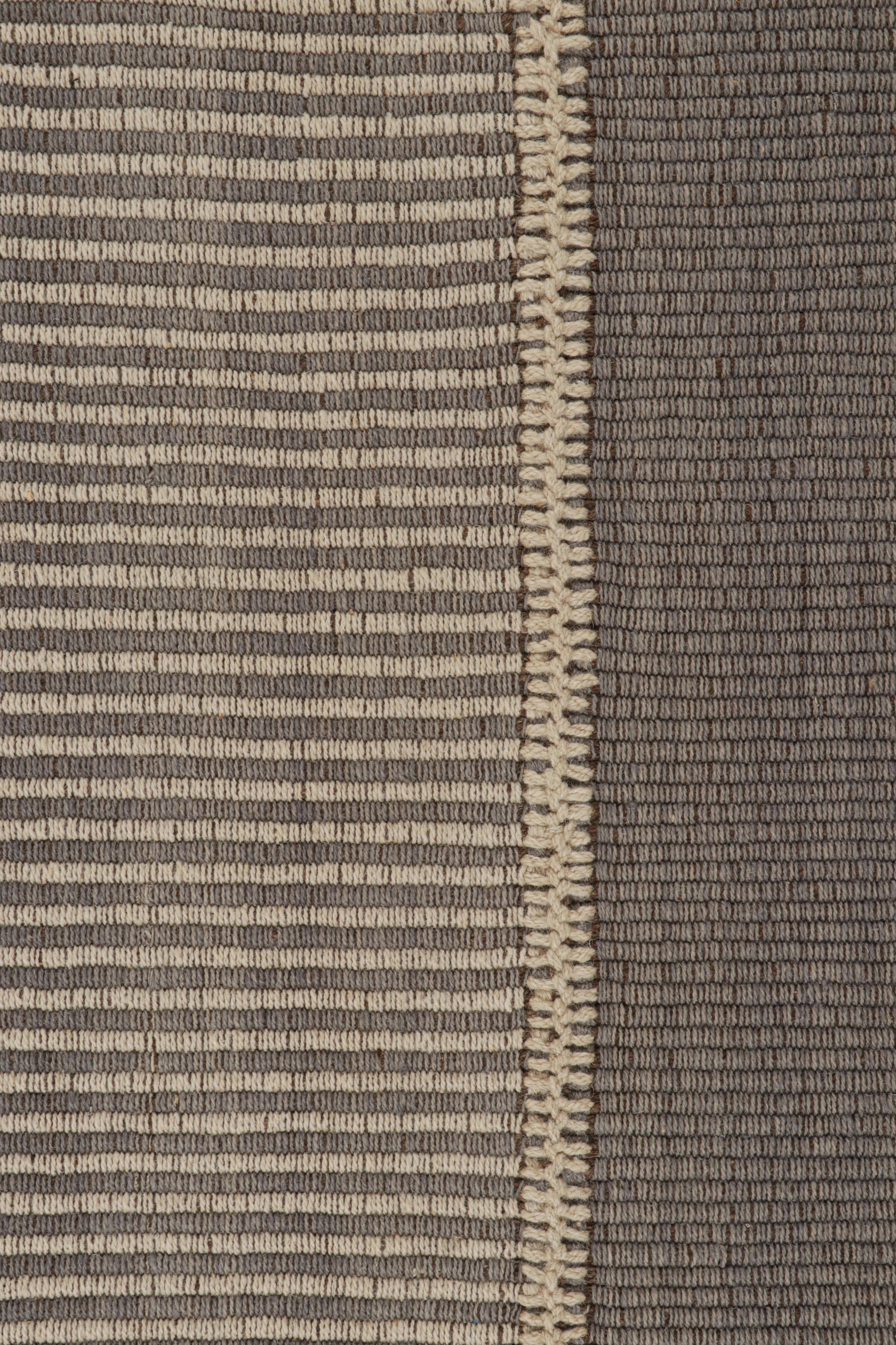 Modern Rug & Kilim’s Contemporary Kilim in Gray and Beige Stripes with Brown Accents For Sale