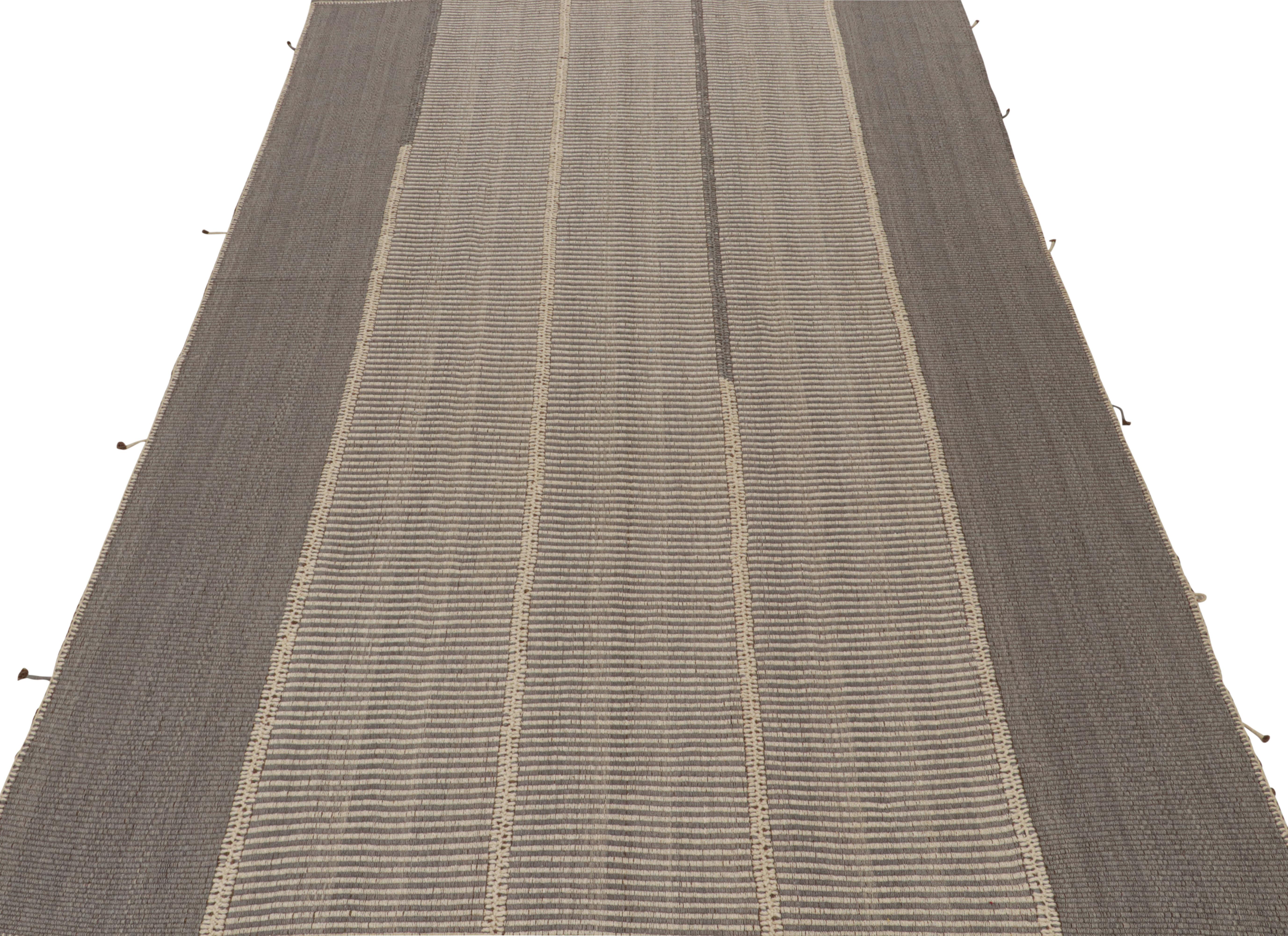 Hand-Woven Rug & Kilim’s Contemporary Kilim in Gray and Beige Stripes with Brown Accents For Sale