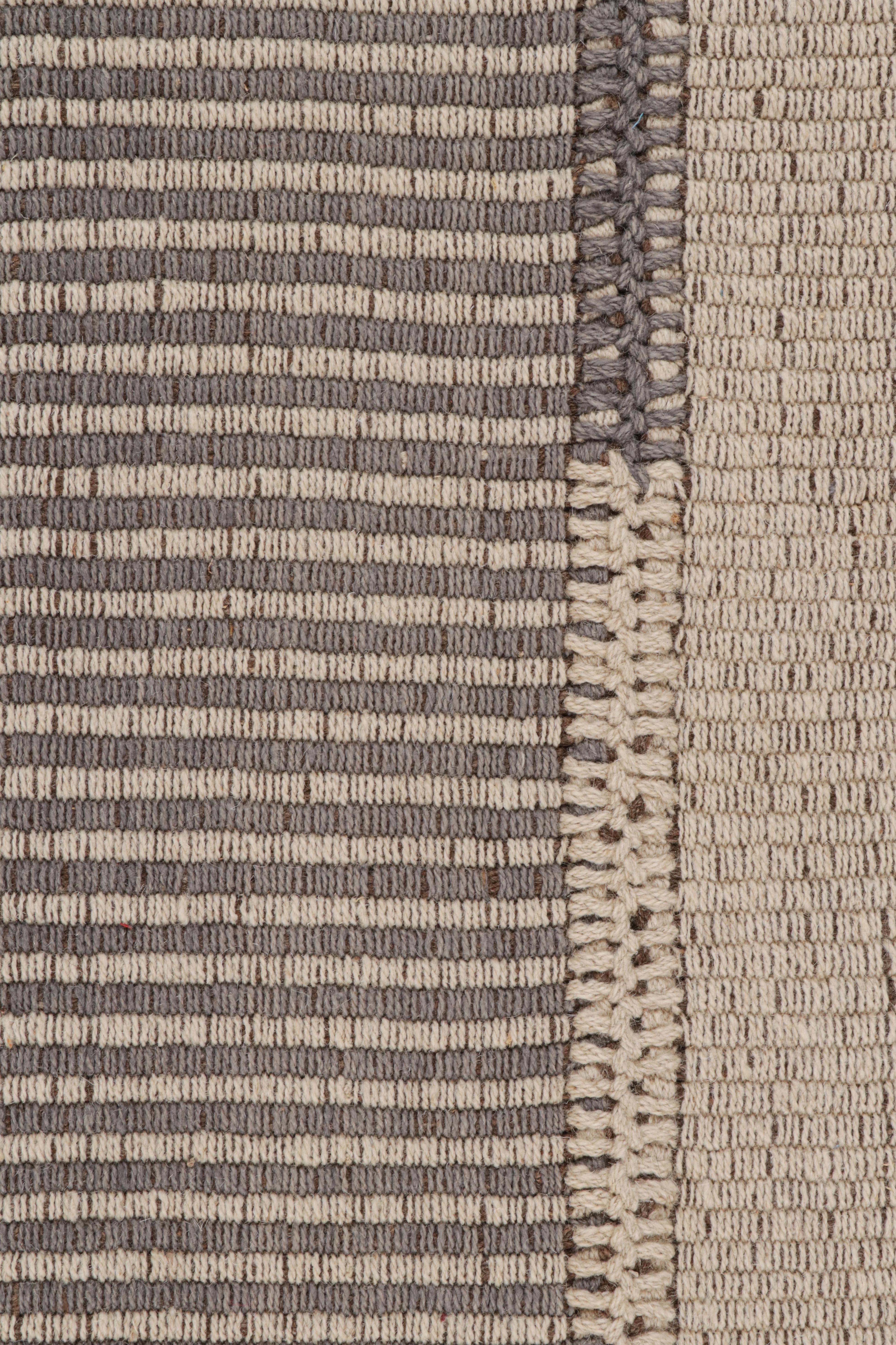 Modern Rug & Kilim’s Contemporary Kilim in Gray and Beige with Stripes & Brown Accents For Sale