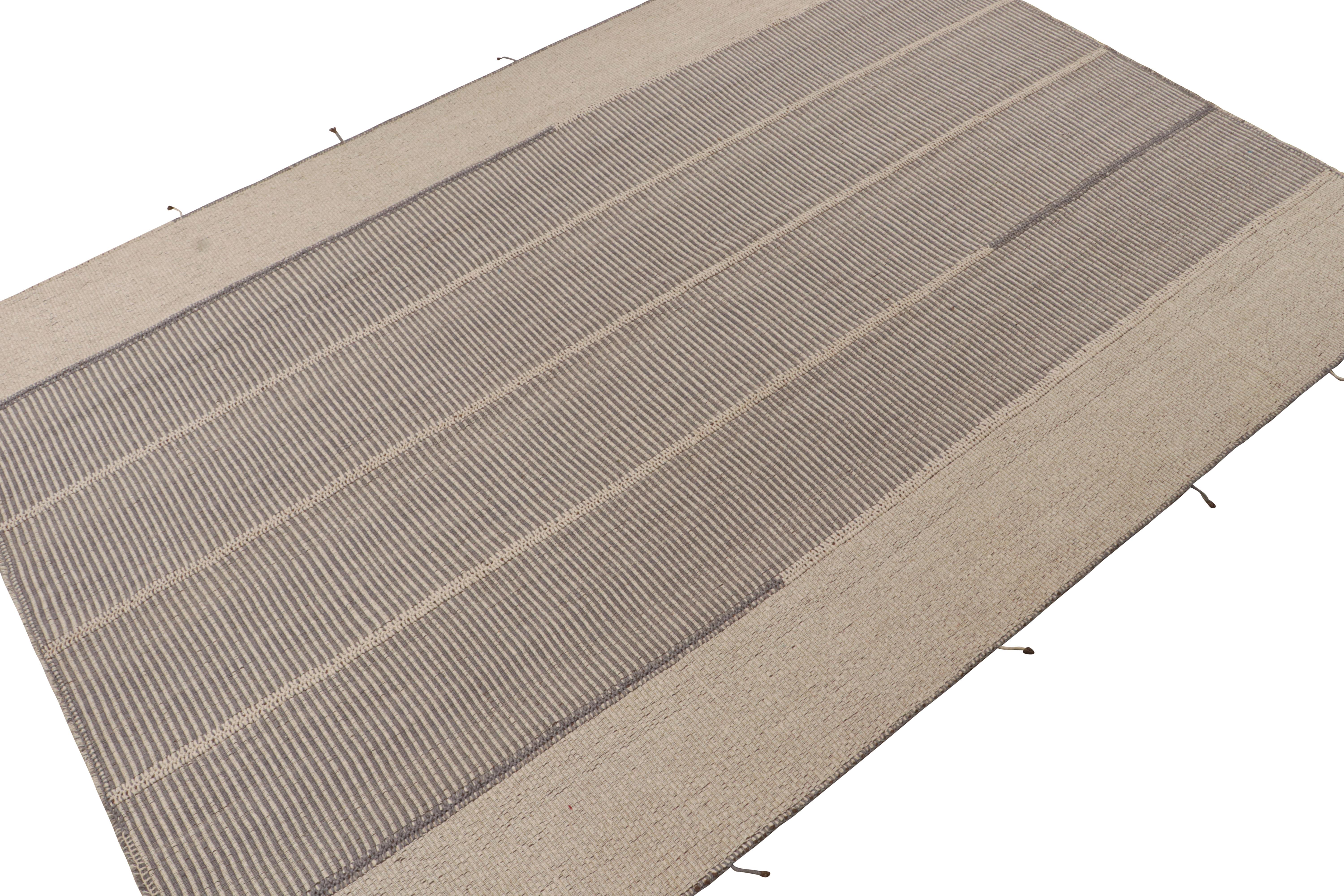 Persian Rug & Kilim’s Contemporary Kilim in Gray and Beige with Stripes & Brown Accents For Sale